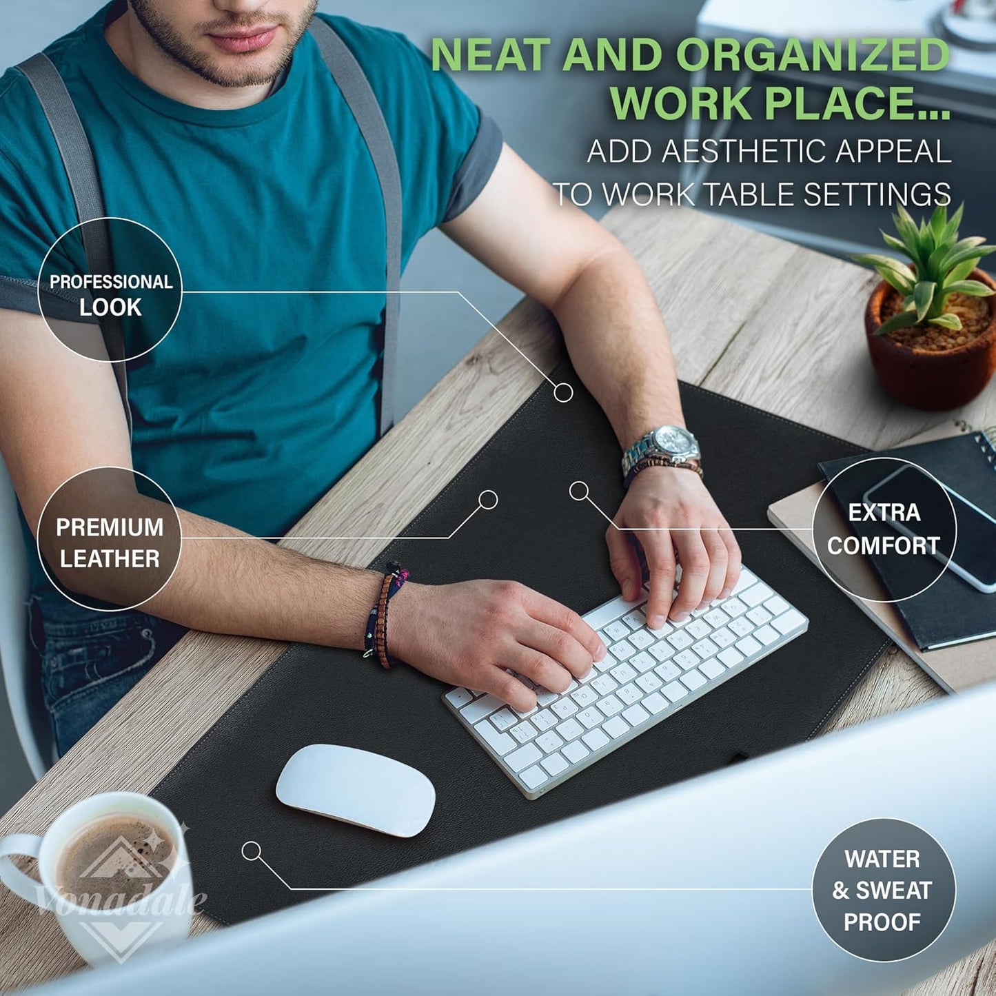 Leather Desk Mat for Keyboard and Mouse, Office Desk Mat Cable Organizer, Black 13.8" x 23.6"