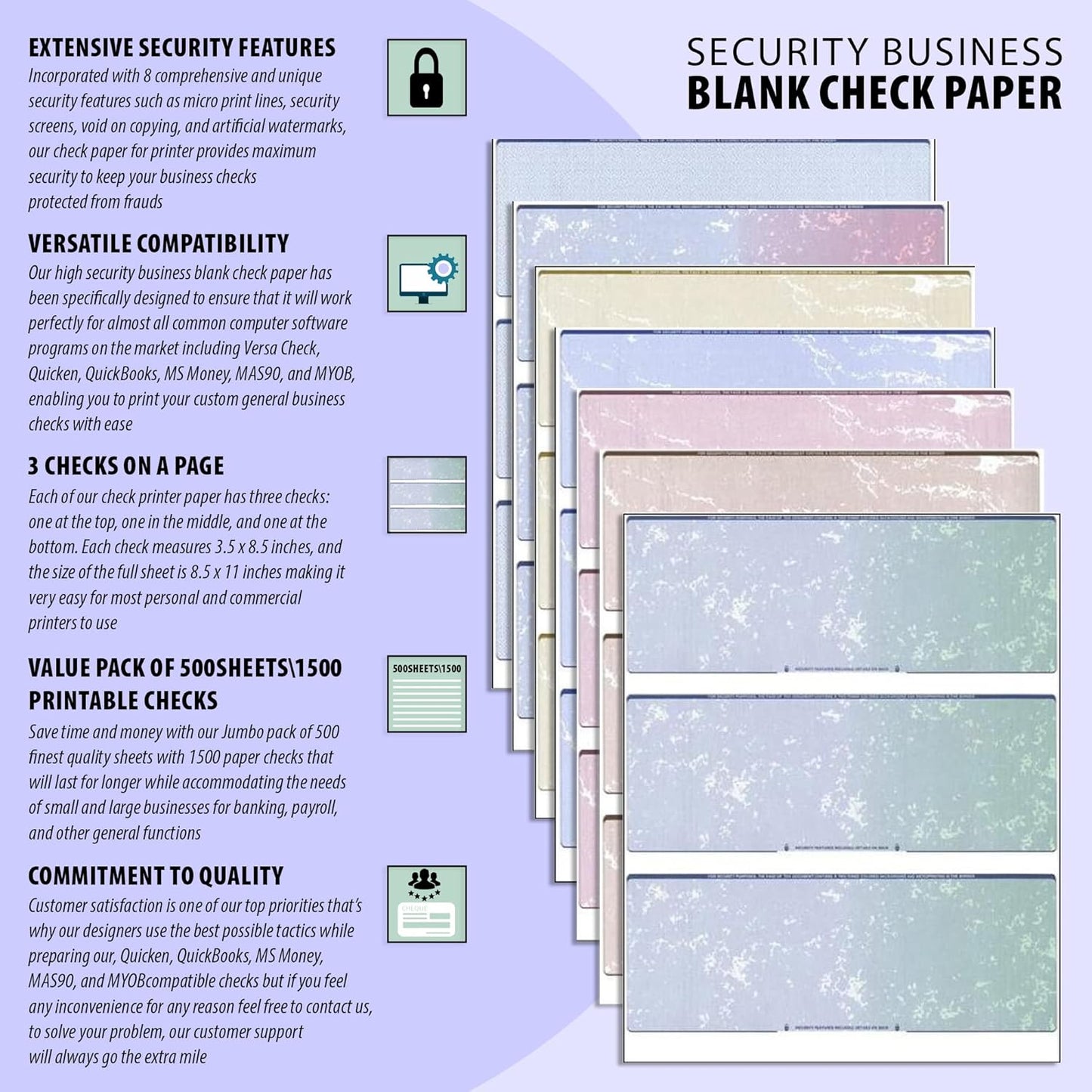 Business Voucher Check Stock - Computer Laser Checks - 3 Checks Per Page, 500 Sheets/1500 Checks, Brown Marble