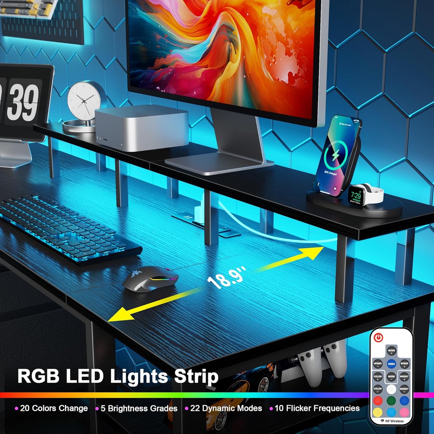 Furologee 61" Gaming Desk with Power Outlets & LED Lights, Reversible Computer Desk with File Cabinet & Monitor Stand for Home Office, Large Work Table with Storage Shelves & Drawer, Black