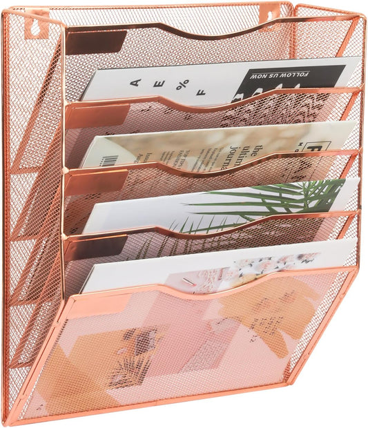 EASEPRES 5 Pocket Mesh Hanging Wall File Organizer, Wall Mounted Mail Paper Document Folder Holder, Clipboard Storage Organization Magazine Rack with Nametag Label for Office Home School, Rose Gold