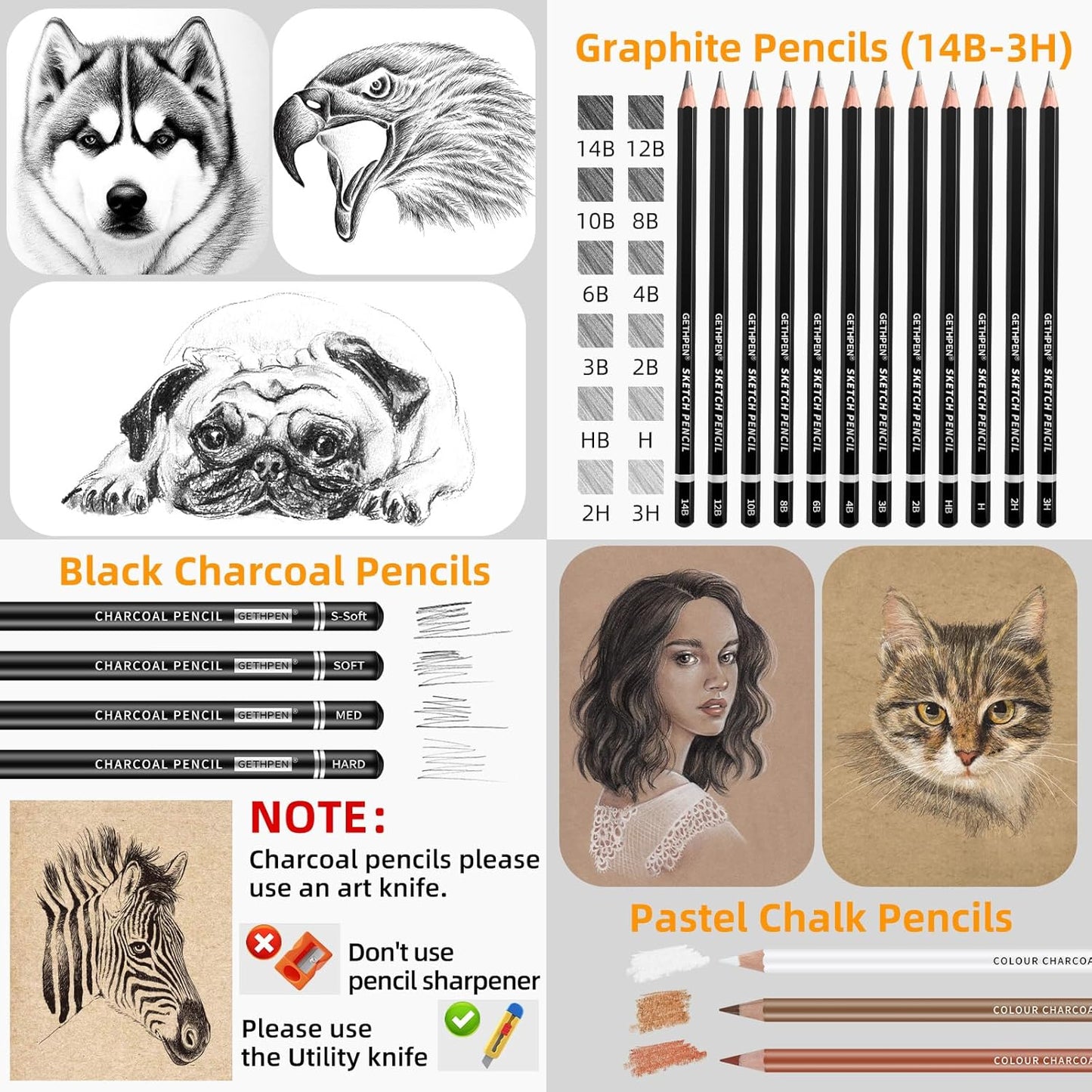 Sketch Pencils for Drawing,34 Pcs,Graphite Pencil (14B-4H), Charcoal Pencil,With Graphite Sticks, Erasers and Sharpener, Art Pencils for Sketching,Artist Set for Beginners and Professionals