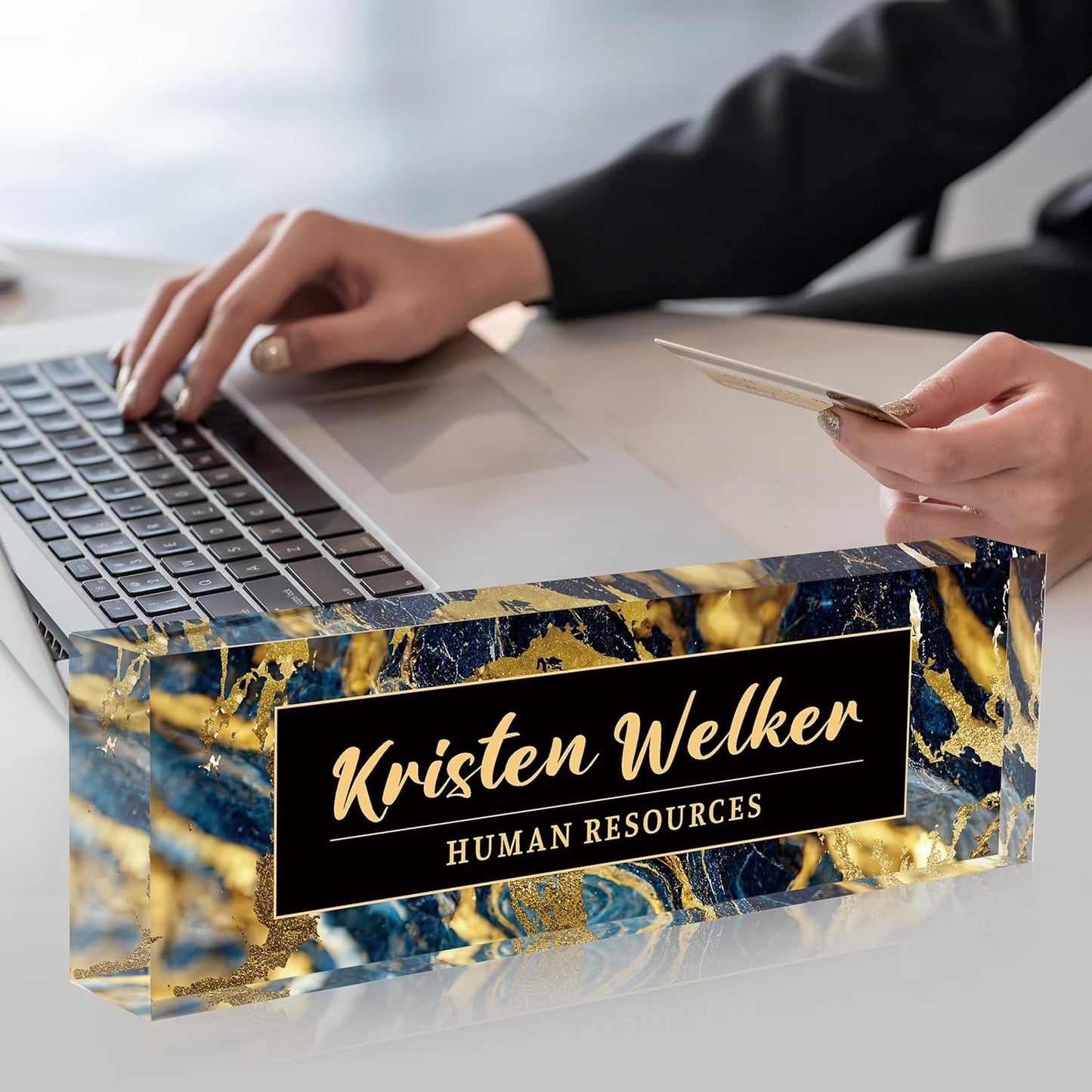 Desk Name Plate Personalized, Premium Black Gold Marble Acrylic Desk Name Plate, Personalized Name Plate for Desk, Office Decor for Women or Men Coworkers, Boss, Employee, Teacher