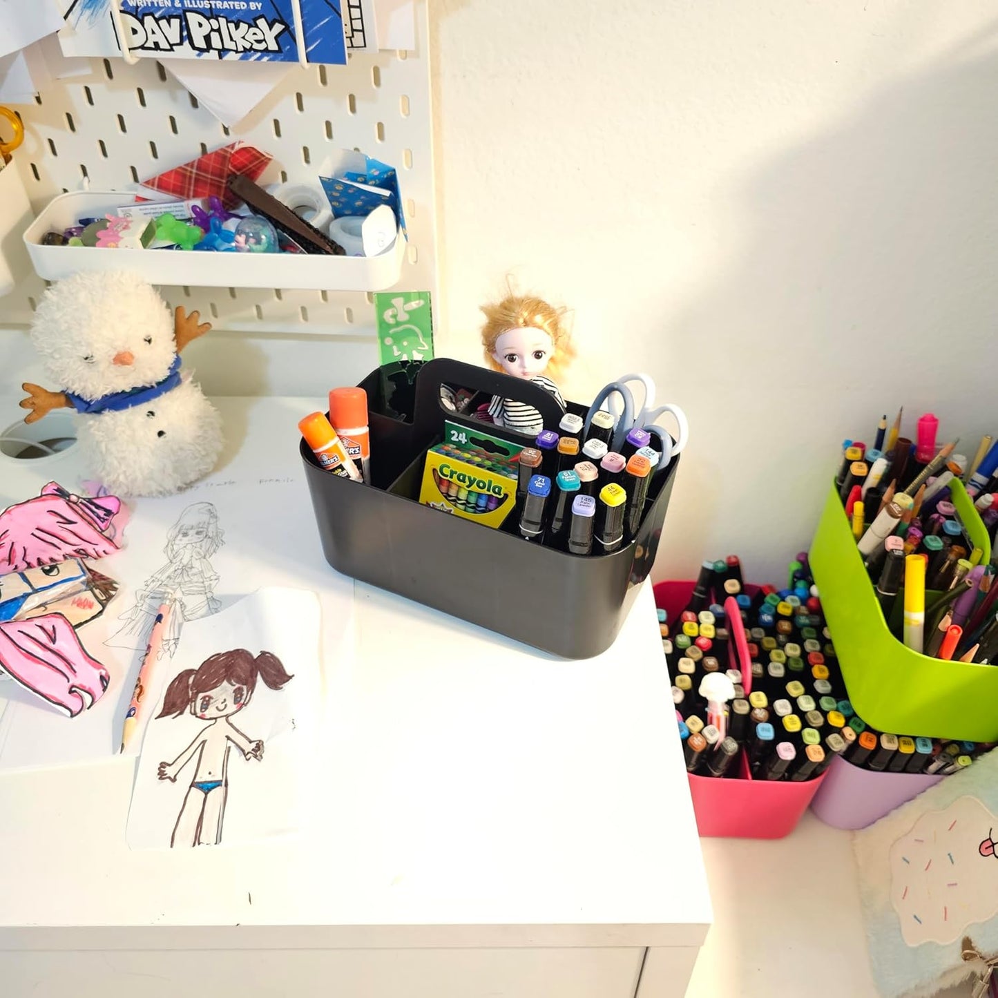 2 Pack Small 6 Compartment Multiuse Caddy Organizer with Handle Art Craft Supplies, Office, Desk, Stationery Pen Holder Stackable- Made In USA (Black)