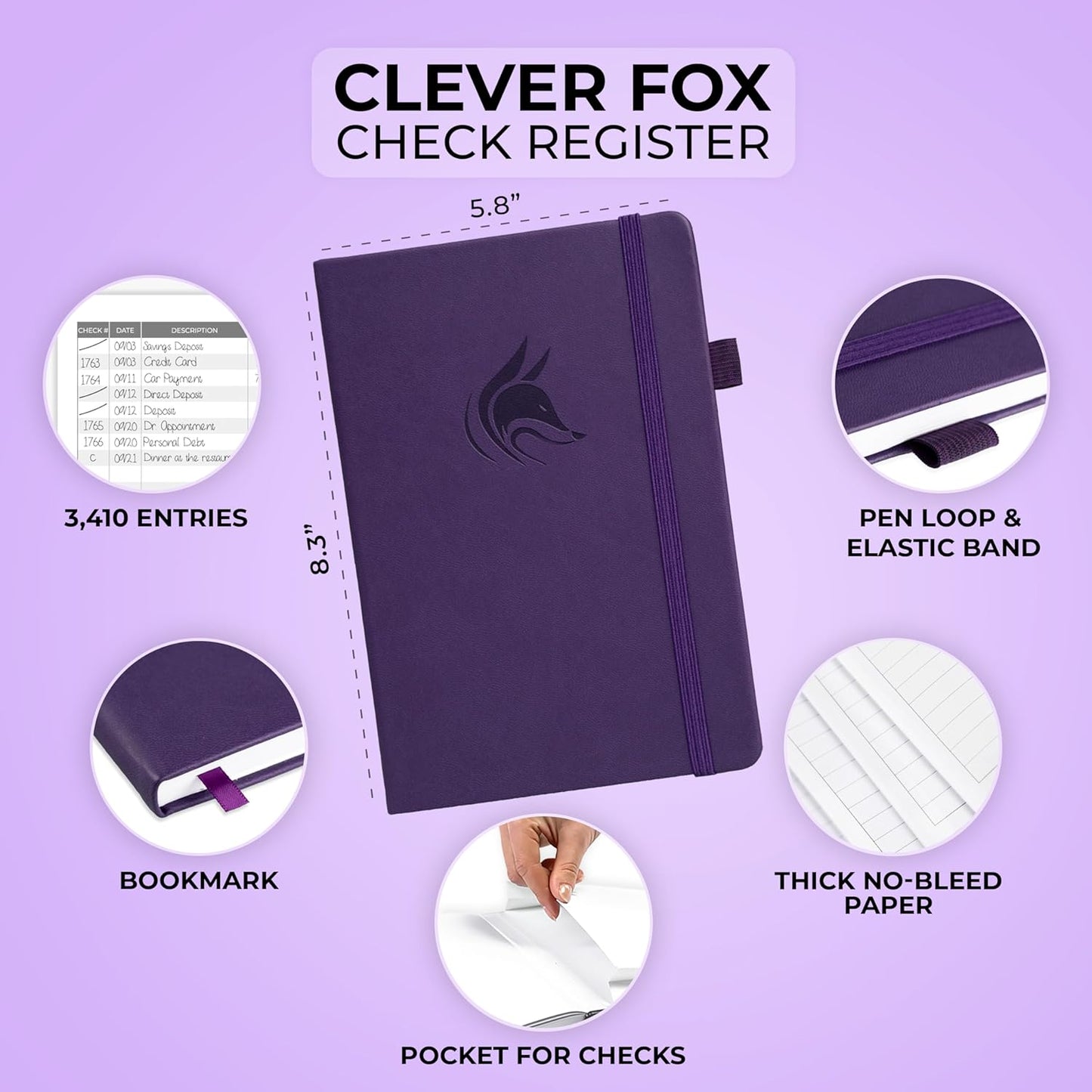 Clever Fox Check Register – Deluxe Checkbook Log with Check & Transaction Registers, Bank Account Register Booklets for Personal and Work Use, A5-sized Hardcover, Purple