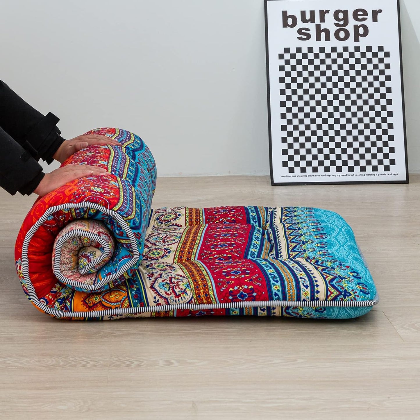 MAXYOYO Cot Mattress Bohemian Floor Bed, Japanese Floor Mattress Narrow Twin Futon Single Bed for Adults, Foldable Futon Roll Up Mat for Camping