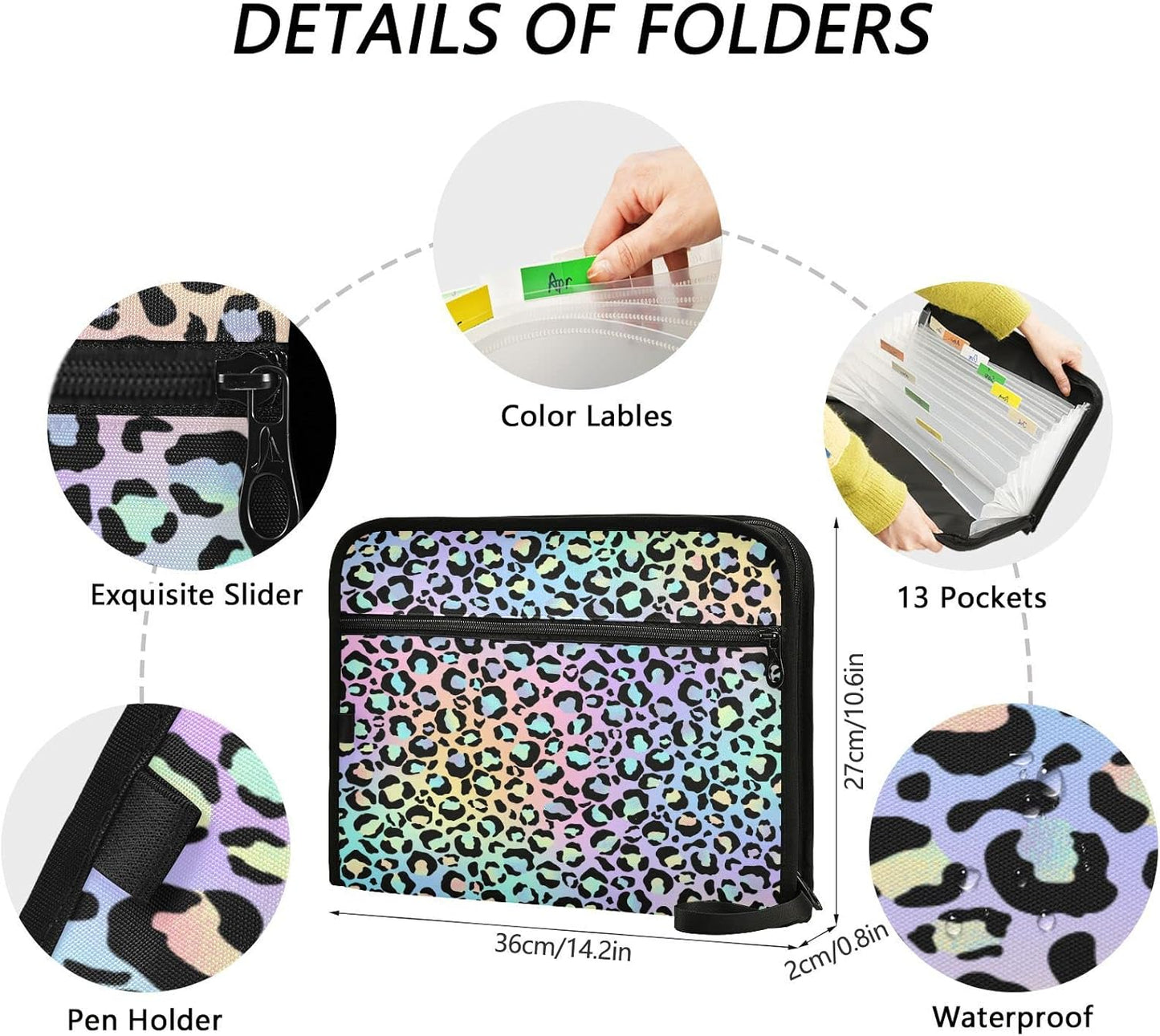 Gredecor Leopard Spots Neon Gradient Expanding File Folder 13 Pockets Expandable Filing Folders Accordion Document Files Organizer for A4 Letter Size Paper