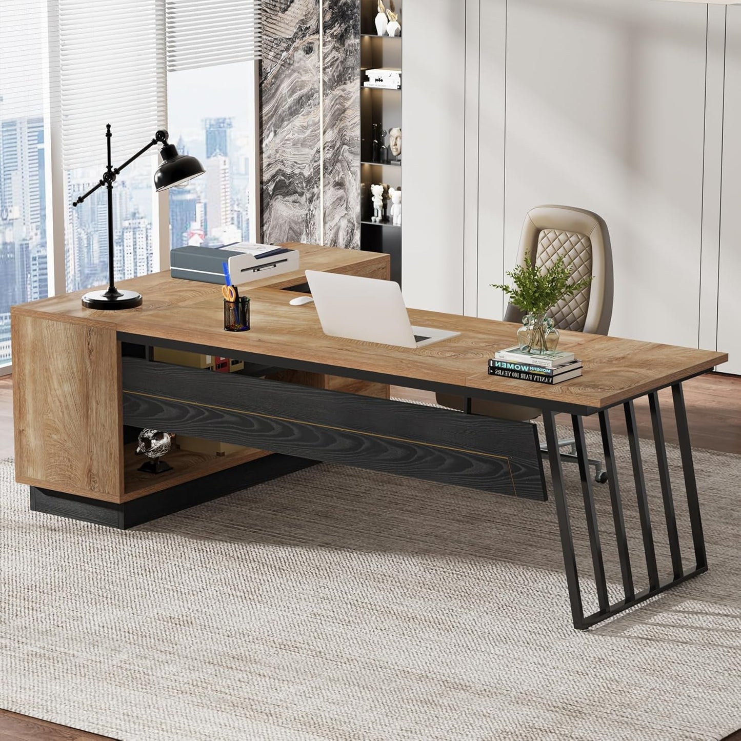 Tribesigns 71-Inch Executive Desk, L-Shaped Desk with Cabinet, Large Office Desk with Drawers and Storage Shelves, Writing Table Computer Desk for Home Office, Oak and Black