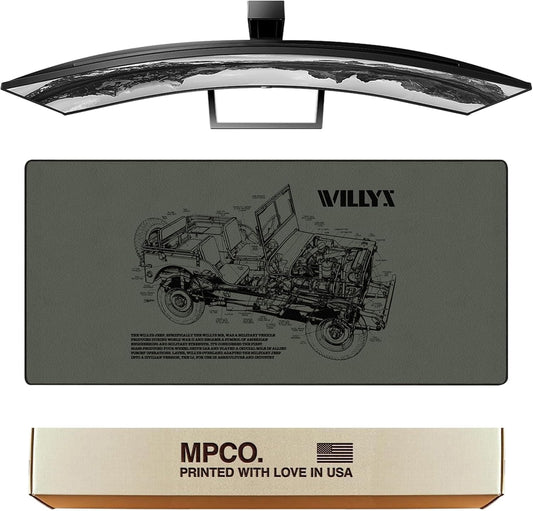 MPCO. Blueprints Large Gaming Desk Pad - 36" x 17" Aeroglyde Fabric Willys Jeep – Green Desk Mats - Non-Slip, Washable, Smooth Glide for Precision Gaming & Work