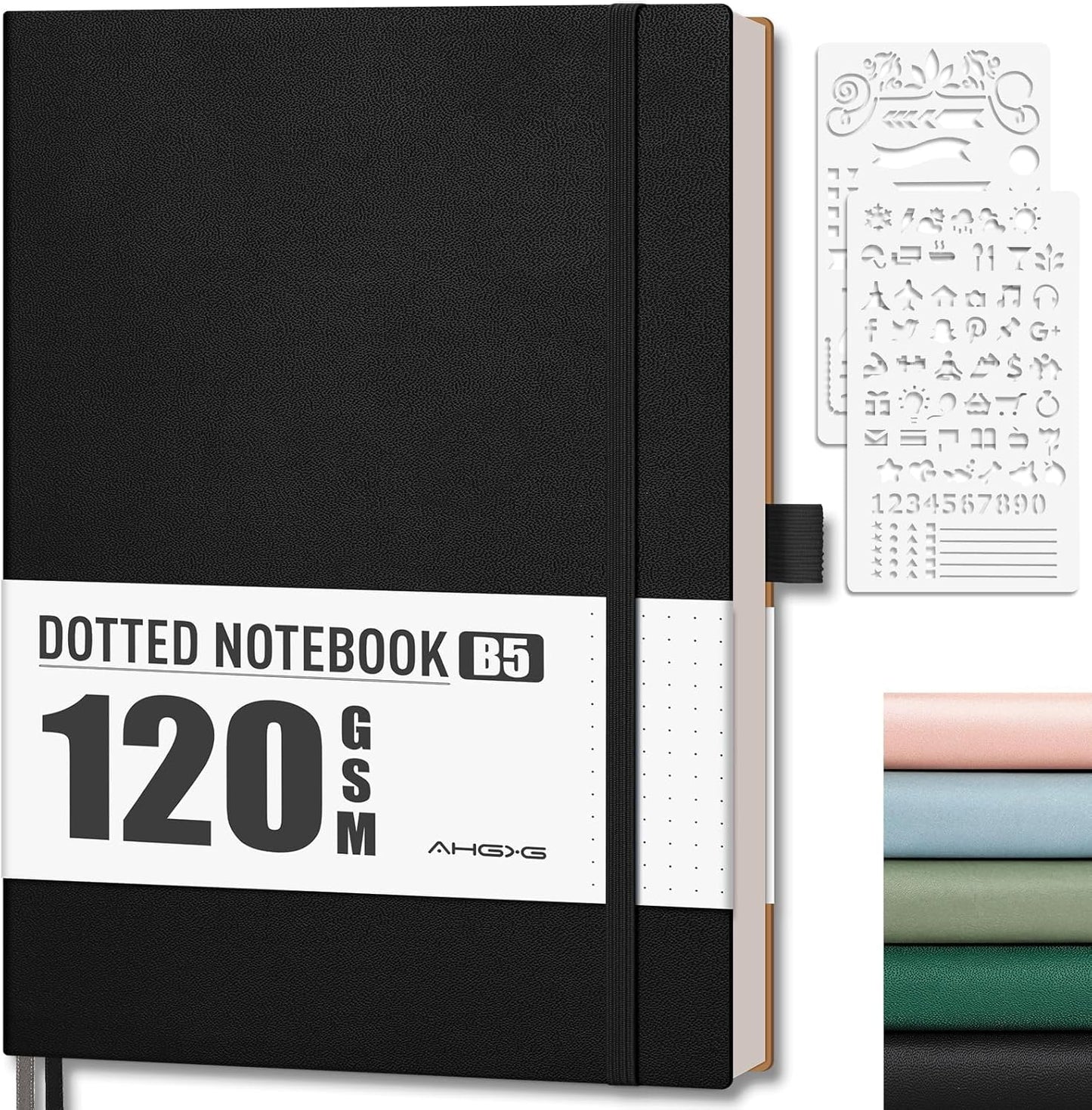 AHGXG Bullet Dotted Journal - Dot Grid Notebook Journal, 120 GSM Thick Acid-Free Paper, Large B5 Dotted Notebook 96 Pages, Leather Softcover, Inner Pocket, Journal Stencil, 7.6'' X 10'' - Black