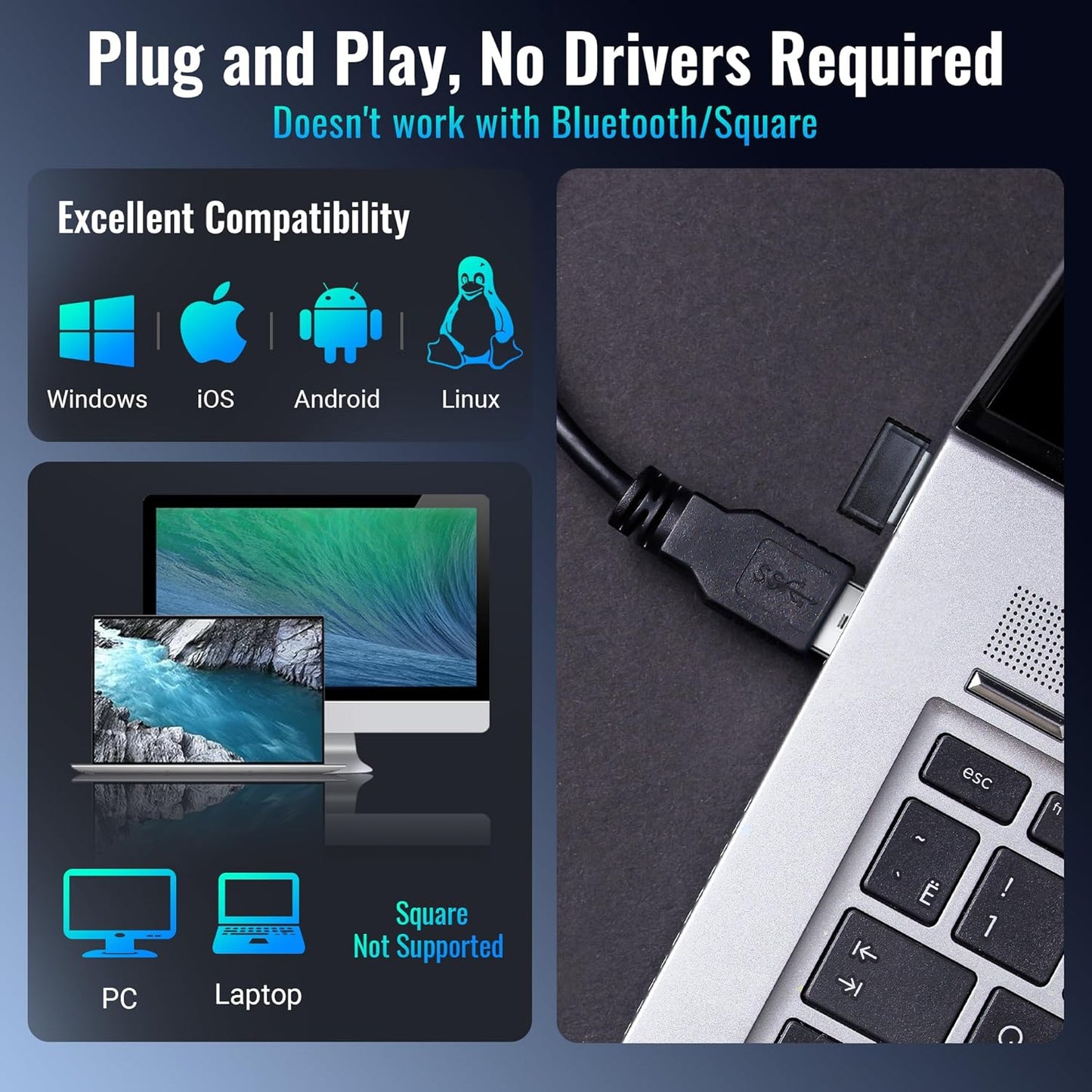 Tera Barcode Scanner 1D Wireless with Battery Level Indicator Versatile 2-in-1 (2.4Ghz Wireless+USB 2.0 Wired) 328 Feet Transmission Distance Rechargeable Barcode Reader USB Handheld Bar Code Scanner