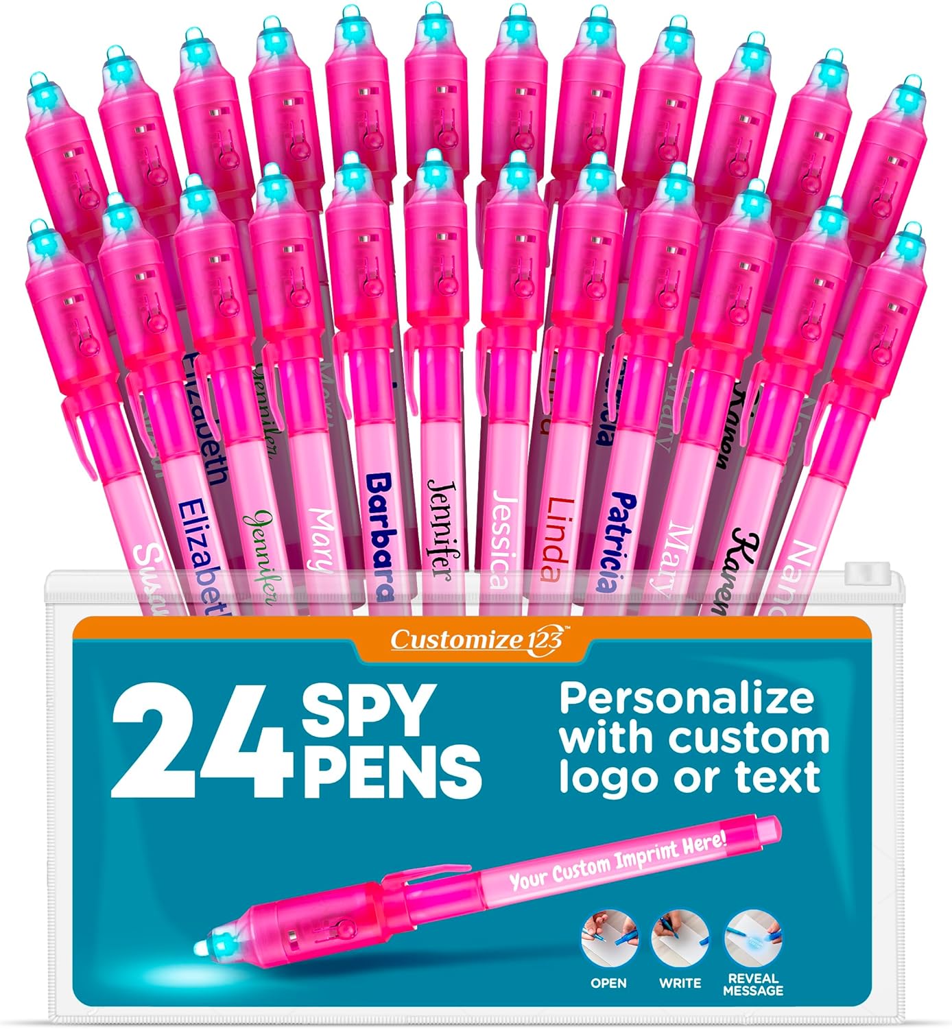 Personalized Invisible Disappearing Ink Pen Marker, Custom Secret Spy Message Writer with UV Light, Fun Activity Entertainment for Kid Party Favors Ideas Gifts and Stock Stuffers, 24 Pack, Pink