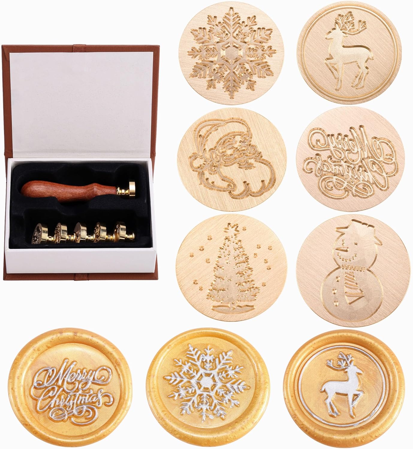 Yoption 6 Pcs Wax Seal Stamp Set, Christmas Sealing Wax Stamps Kit, Wooden Handle with Brass Head for Christmas Greeting Cards Gift
