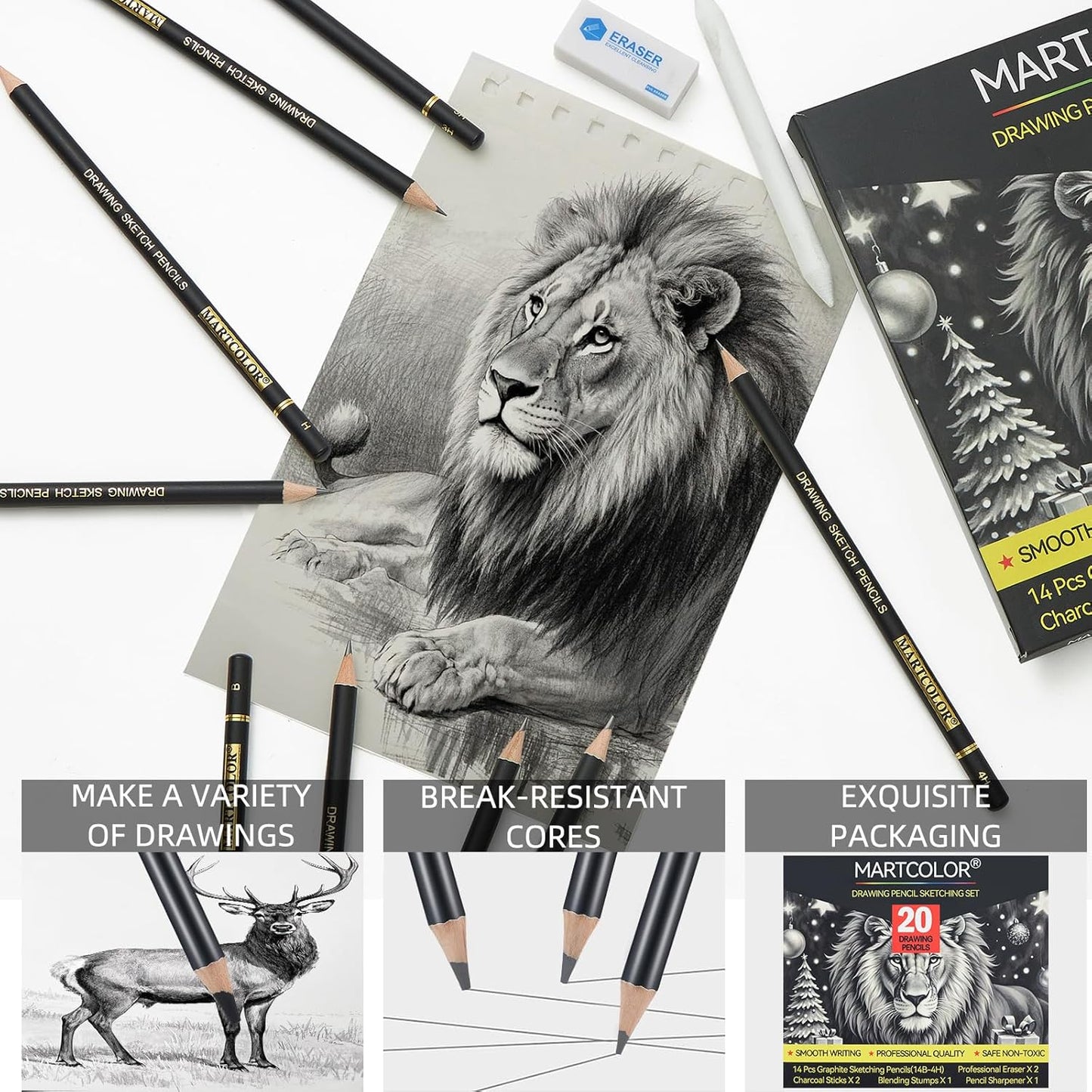 Drawing Sketching Pencil Set, 20 Pieces, Graphite Pencils (14B-4H), Charcoal Sticks, Stump, Eraser, Sharpeners, Ideal for Drawing Art, Sketching, Artist Pencils for Beginners & Pro Artists