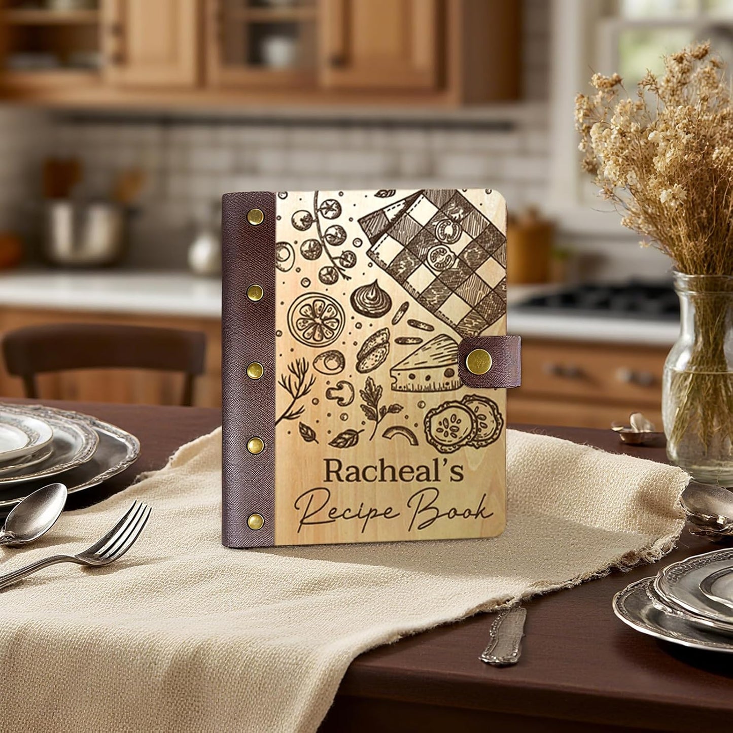 UBJVA Personalized Recipe Book Binder Custom Engraved Recipe Book to Write in Your Own Recipes Wooden Family Cookbook Journal Gift for Christmas Birthday