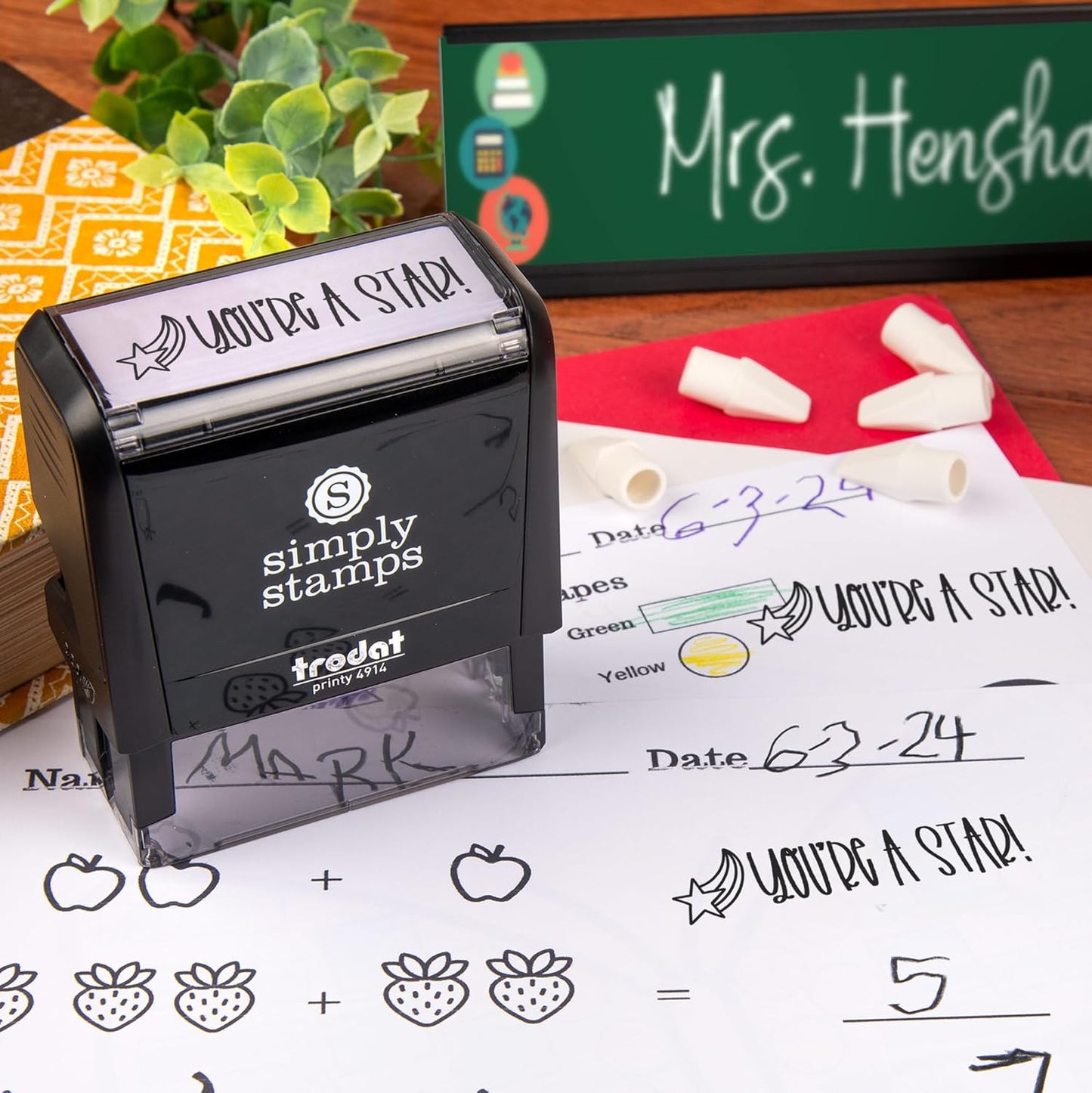 Custom Self-Inking Custom Stamps | 49 Designs | Fun Teacher Phrases | Large | Grading Made Easy | Classroom And Library Book Stamps (You're A Star)
