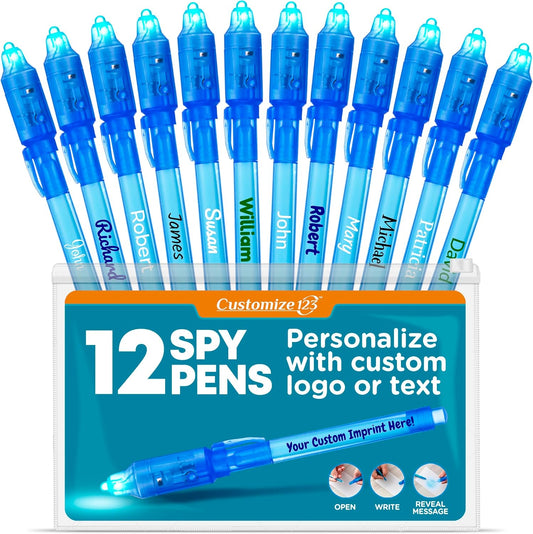 Personalized Invisible Disappearing Ink Pen Marker, Custom Secret Spy Message Writer with UV Light, Fun Activity Entertainment for Kid Party Favors Ideas Gifts and Stock Stuffers, 12 Pack, Blue