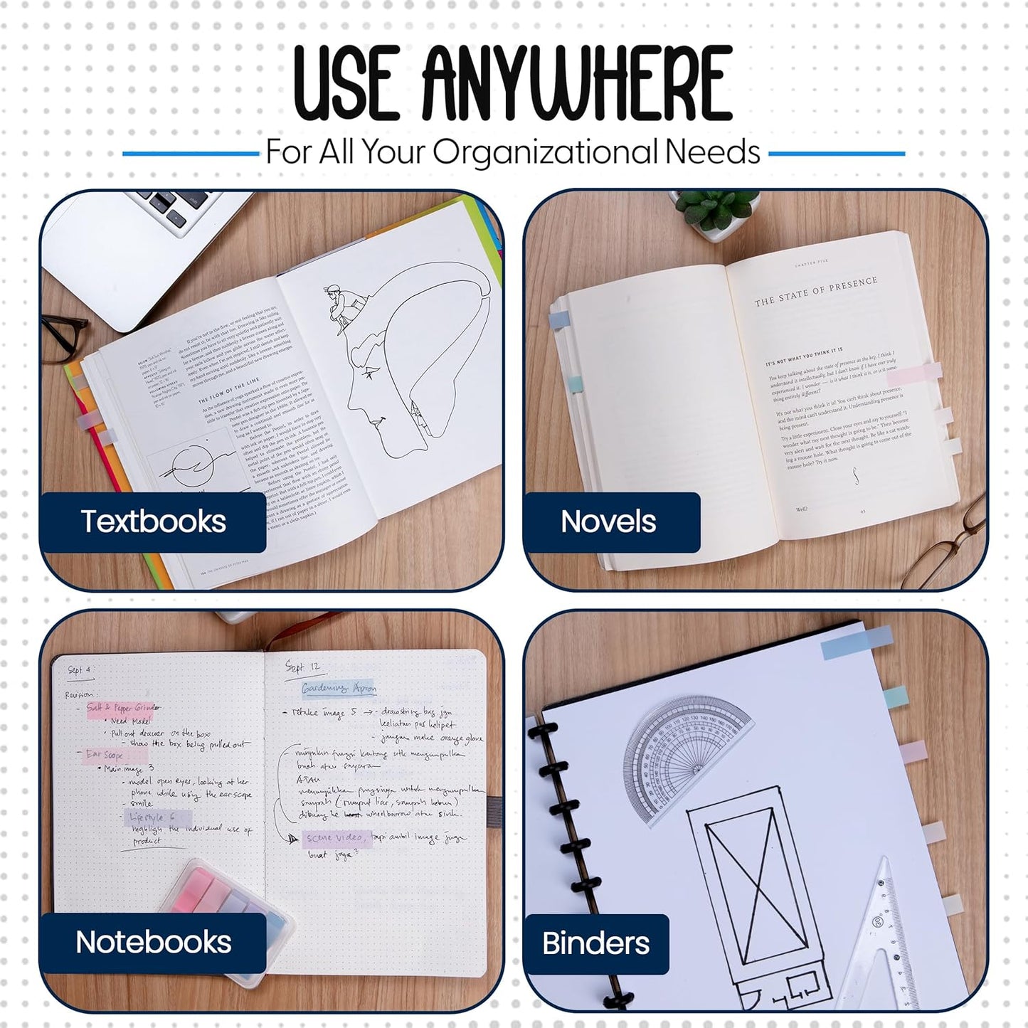 Essex Wares - 300 Pieces - Transparent Sticky Notes Tabs with Case - 5 Light Pastel Colors - 3 Cases - 1.8" x 0.4" - 60 Pieces - Pop Up Index Tabs - Book Flags for Annotating - Book Sticky Tabs