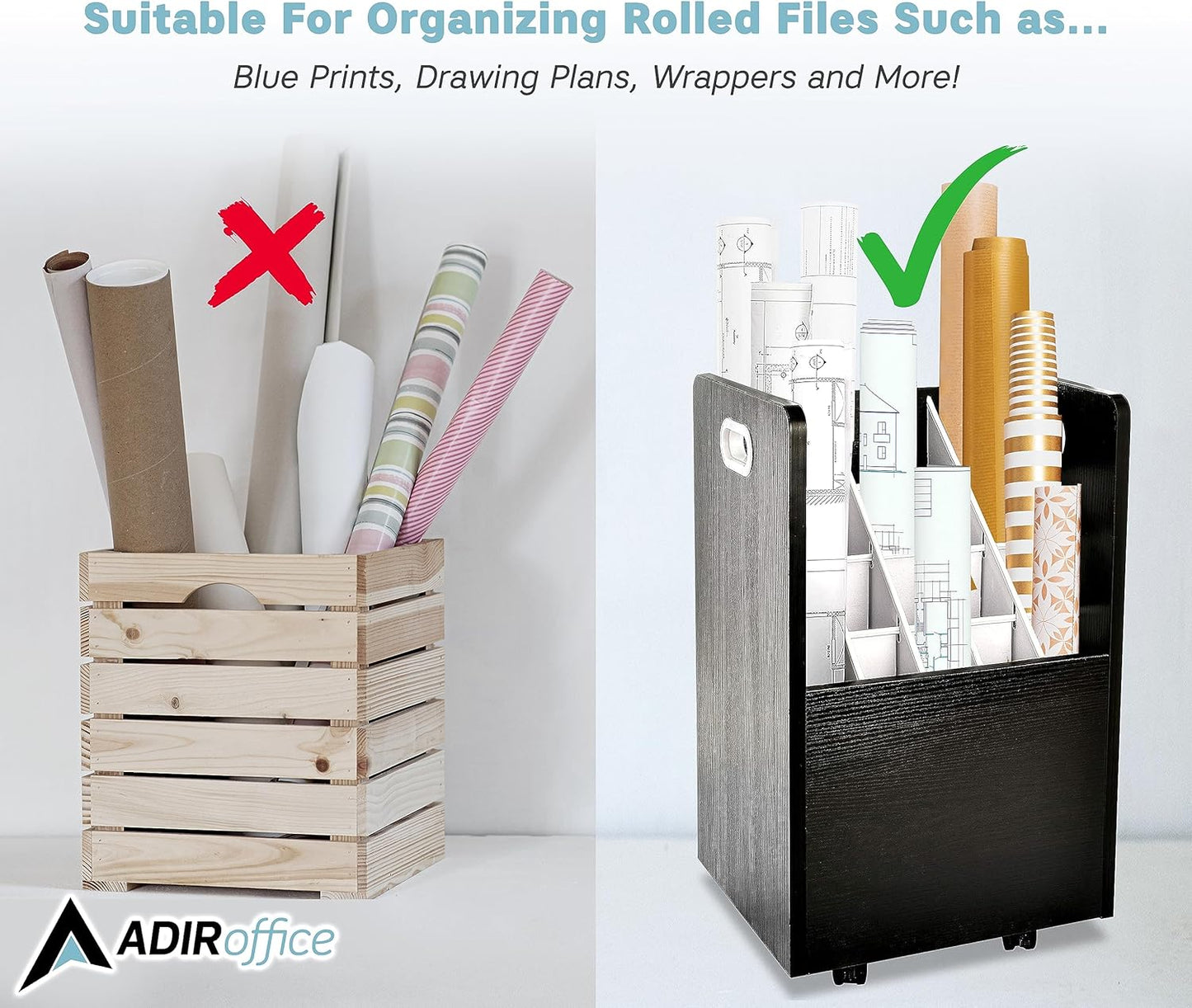 Adir Blue Print Storage Organizer - Mobile Roll File Cart, Construction Plan Holders, Blueprint Cabinet with Wheels, Roll Files Storage for Office and Home (20 Slots, Black)