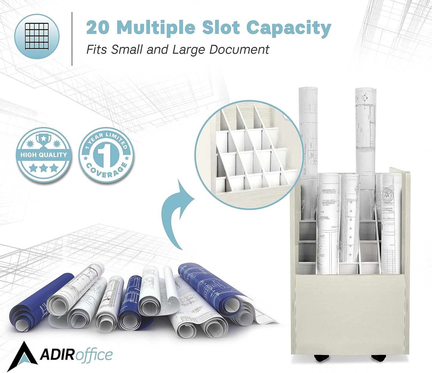 Adir Blue Print Storage Organizer - Mobile Roll File Cart, Construction Plan Holders, Blueprint Cabinet with Wheels, Roll Files Storage for Office and Home (20 Slots, White)
