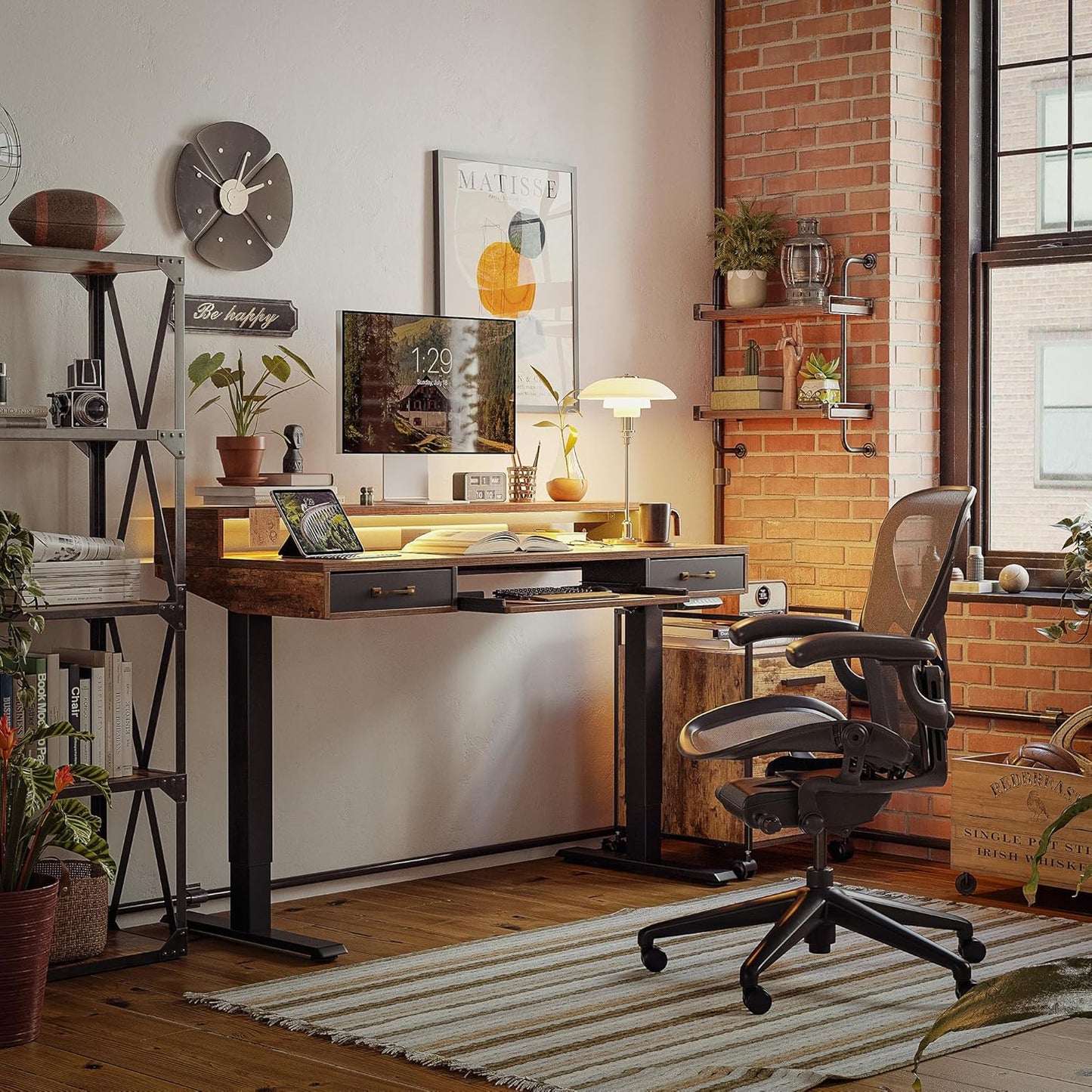 FEZIBO 55 x 24 Inch Height Adjustable Electric Standing Desk with Double Drawer, Stand Up Desk with Storage Shelf, Rustic Brown