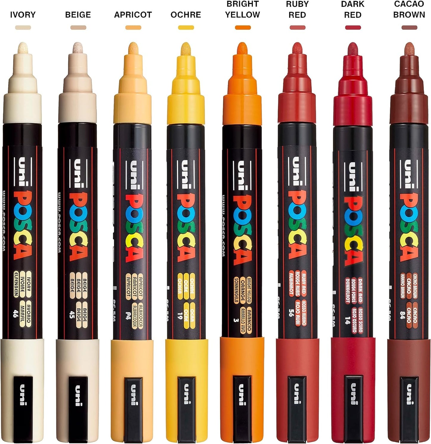 Posca Markers Set, 8 Medium Paint Markers 5M – Warm Tones – Ivory, Beige, Apricot, Ochre, Bright Yellow, Ruby Red, Dark Red, Cacao Brown