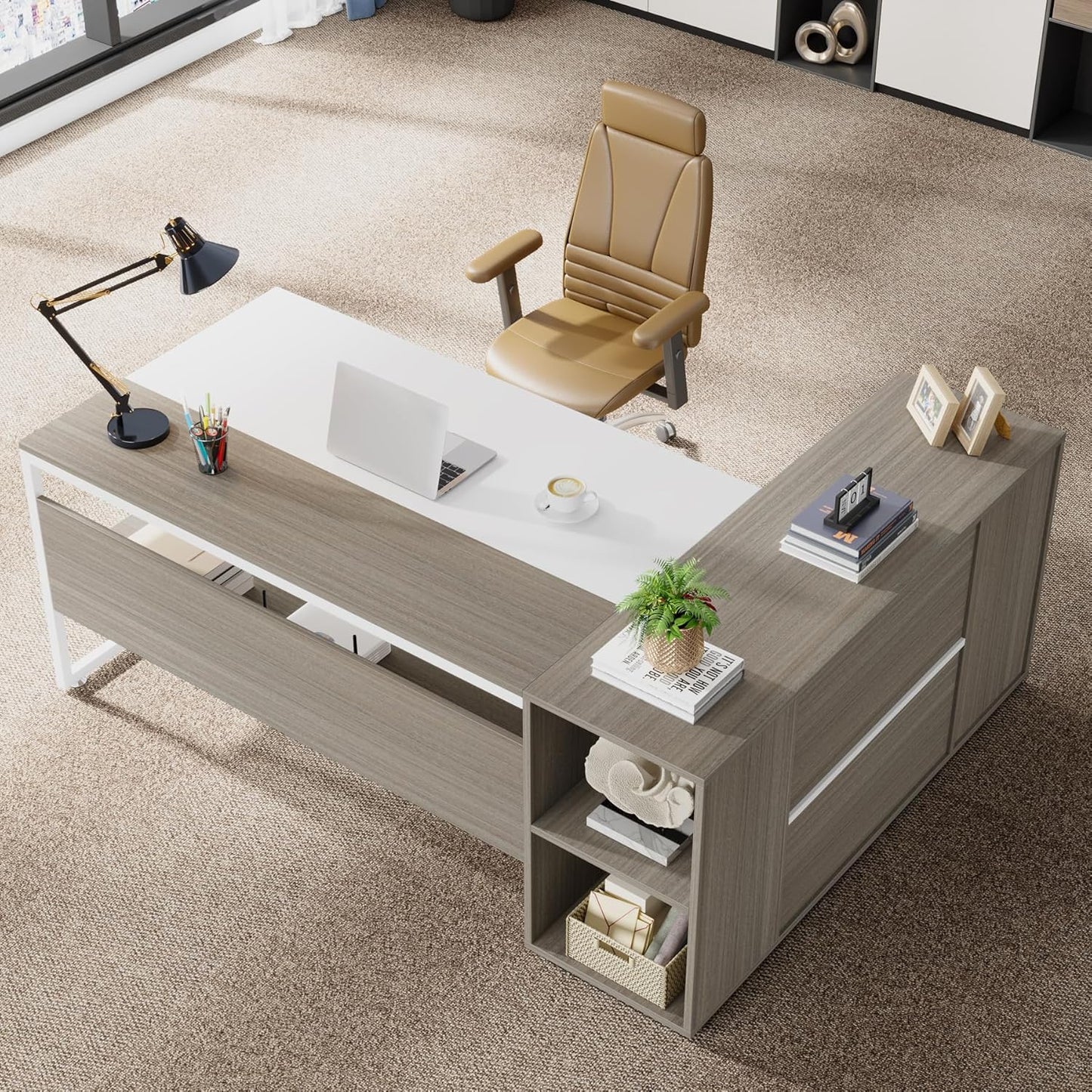 Tribesigns 71 inch Executive Desk, L Shaped Desk with Cabinet Storage, Executive Office Desk with Shelves, Business Furniture Set Workstation for Home Office, Gray and White