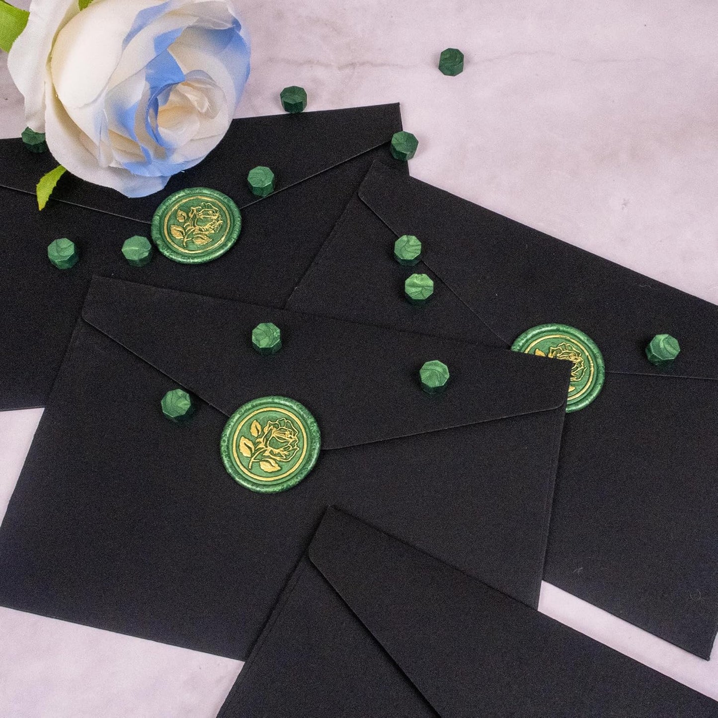100Pcs Gold & Green Wax Seal Stickers - Handmade Envelope Seals, Self-Adhesive Wax Stickers for Wedding Party Invitations, Envelope, Gift Wrap, Christmas (Gold Rose Style, Green)