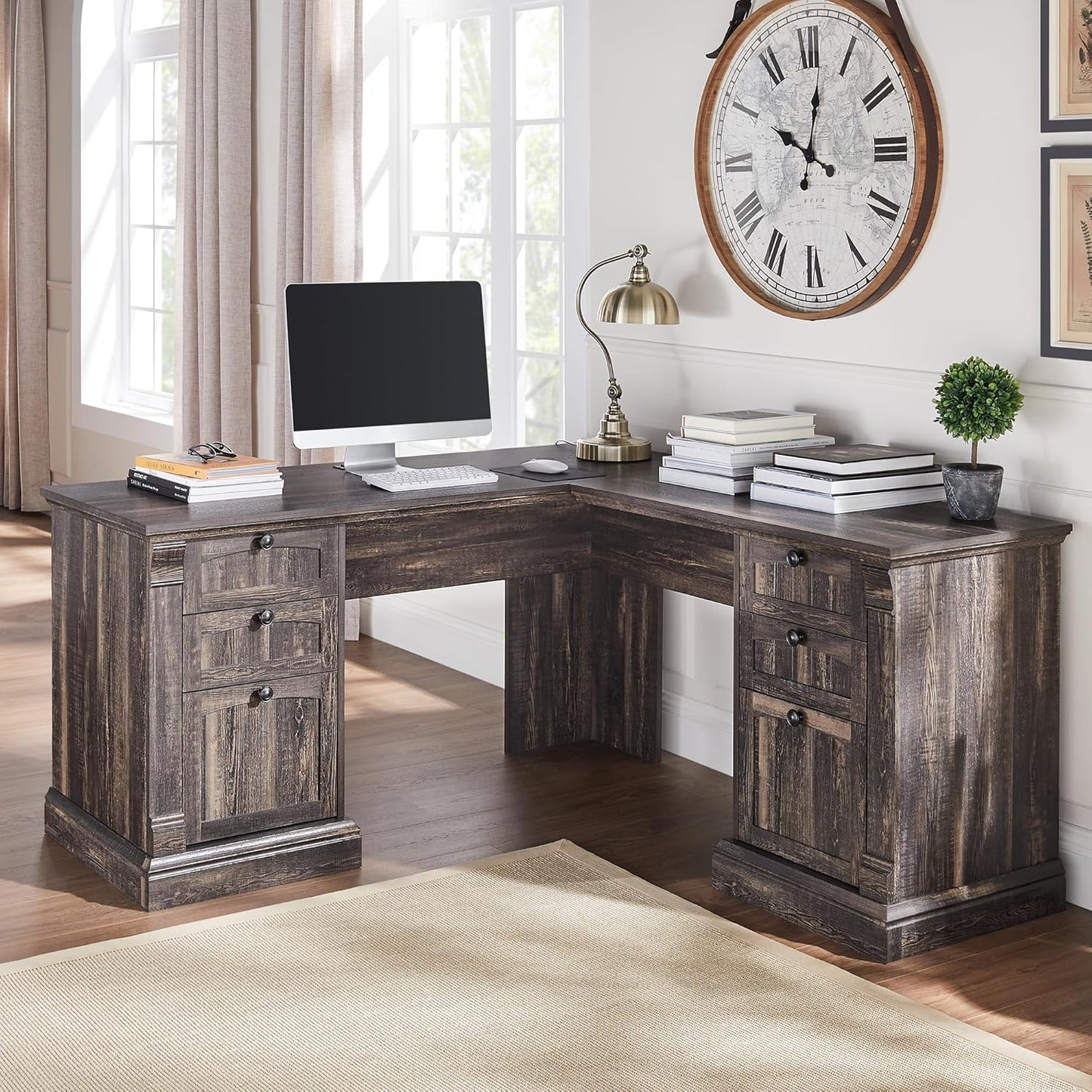 OKD 60" L Shaped Executive Desk with Drawers, Farmhouse Home Office Desk with Charging Station, File Cabinet Storage, Wood Corner Computer Desk for Work and Study, Dark Rustic Oak