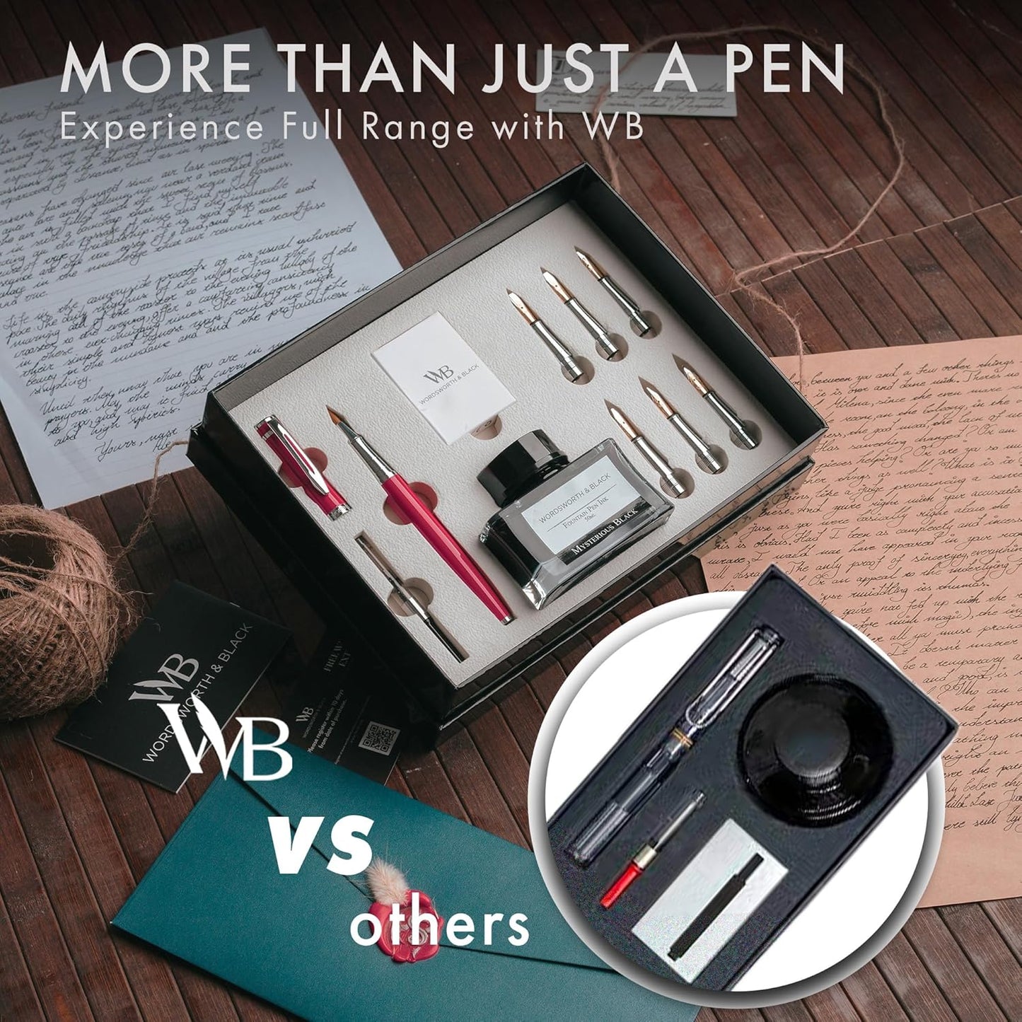 Wordsworth & Black Calligraphy Pen Gift Set, Includes Bottle, 6 Cartridges, Refill Converter, 6 Replacement Nibs, Premium Package, Journaling, Smooth Writing Pens [Red Chrome]
