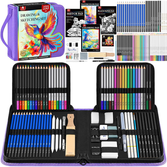 133 PCS Art Supplies Sketching Kit, Pro Drawing Pencils with Sketchbook, Coloring Book, Watercolor Pad, Black Paper Pad, Colored Graphite Charcoal Watercolor & Metallic Pencils for Artists Adults Kids