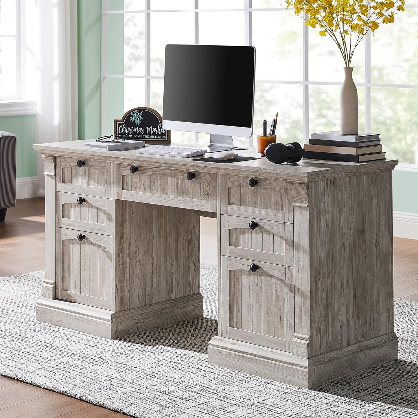 OKD 60" Executive Desk with Drawers, Farmhouse Home Office Desk with Charging Station, Keyboard Tray, File Cabinet Storage, Wood Computer Desk for Work and Study, Antique Brushed White