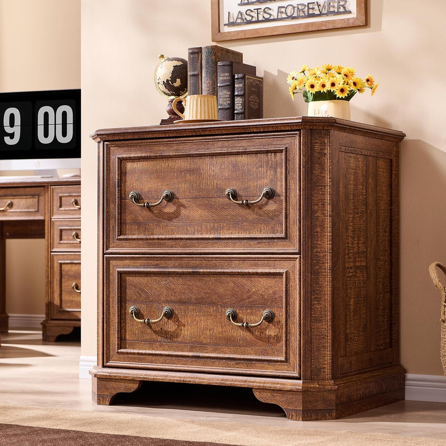 T4TREAM 2 Drawer File Cabinet-30 Wide Wooden Extended Desktop, Farmhouse Filing Cabinet with Smooth Rails, Holds Letter/Legal/A4, Hexagonal Design & Framed Drawer Fronts, Reclaimed Barnwood