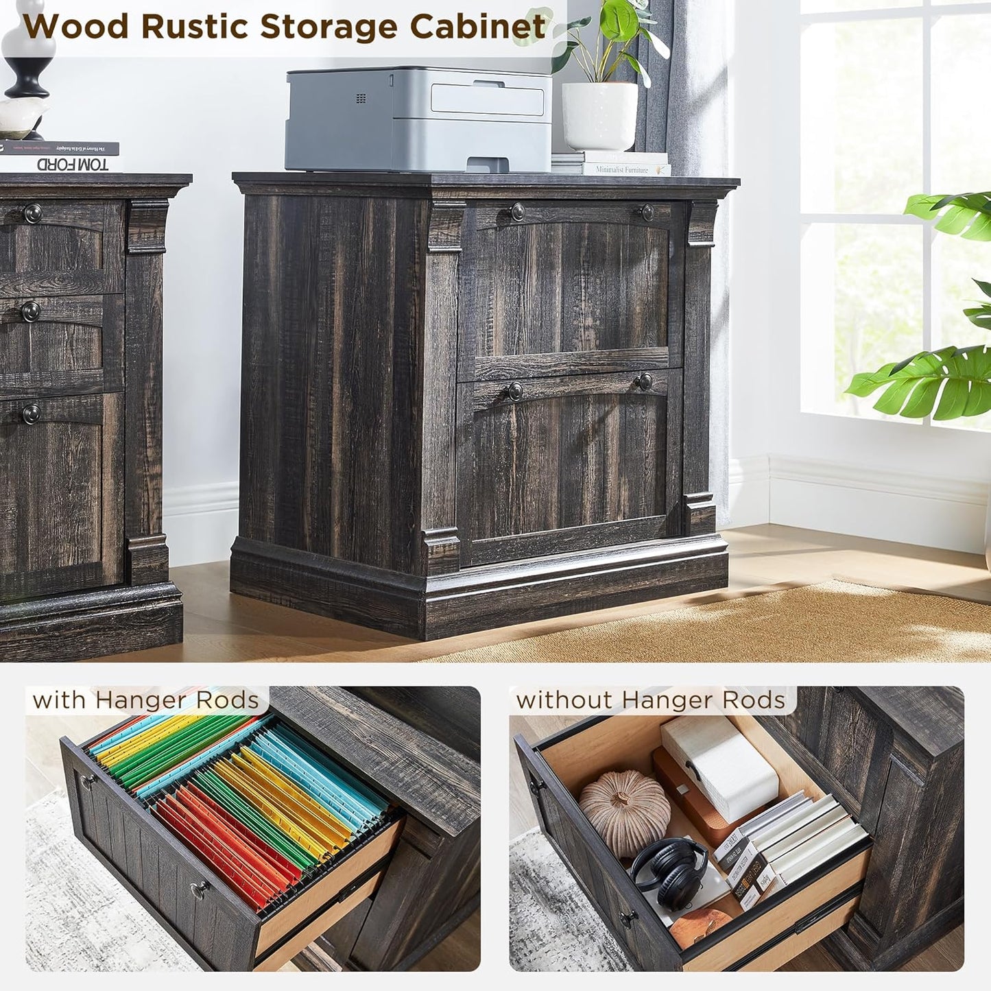 OKD Farmhouse File Cabinet with 2 Drawers, 30" Lateral Filing Cabinet, Hanging File Folders, Interlocking Drawers, Rustic Oak Wood, Brown, Home Office, Living Room, 30" x 22" x 10.2"
