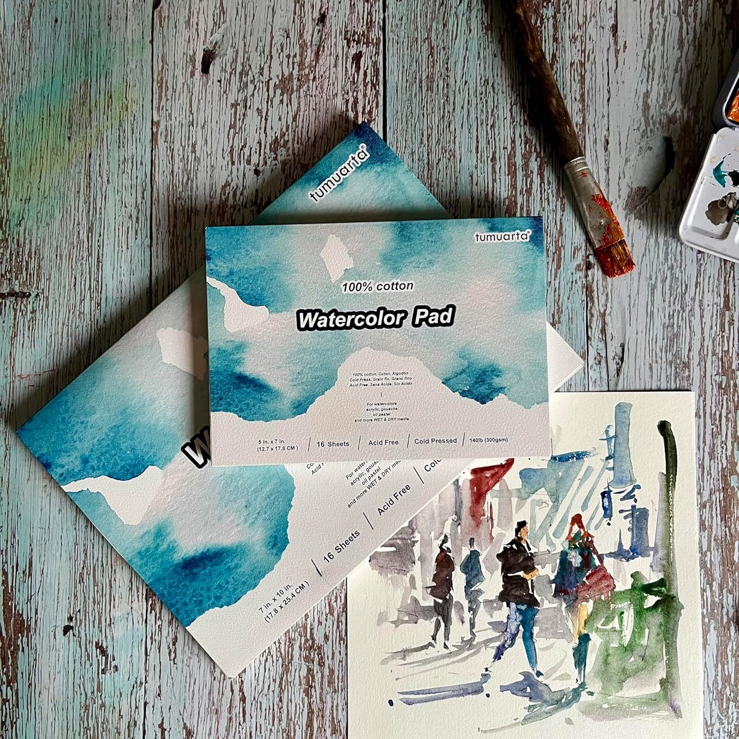 tumuarta Watercolor Paper Pad, 100% Cotton, 7x10, 140 LB, 300 GSM, 16 Sheets, 32 Pages, Acid Free, Cold Press, Watercolor Paper Mixed Media Sketch Books for Watercolors, Acrylic, Gouache