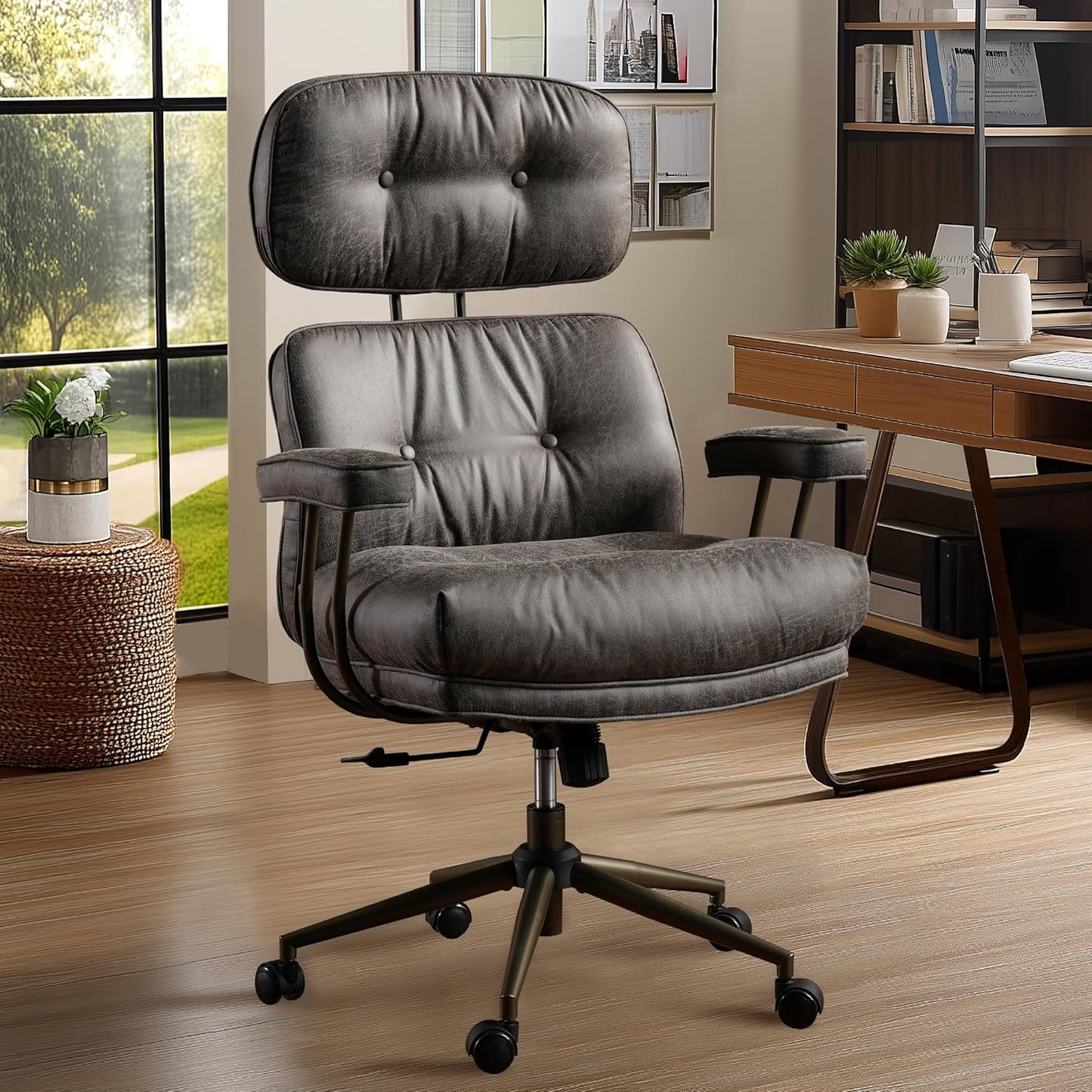 Mid Century Modren Big and Tall Office Chair,Large Ergonomic Executive Chair for Heavy Duty People, Computer Desk Task Chair with Wheels, Faux Lether Fabric Wide Chair for Home Sturdy,Grey