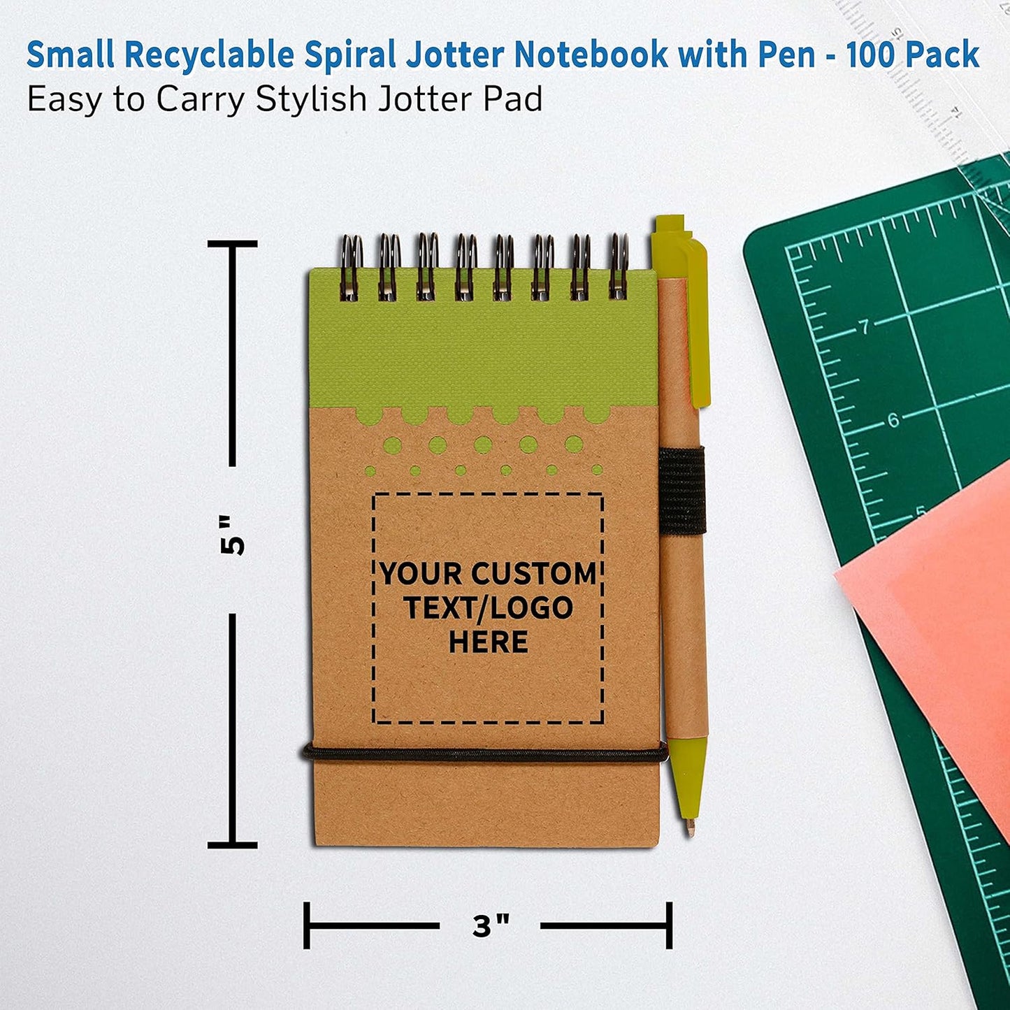 DISCOUNT PROMOS 100 Recyclable Spiral Small Notebooks Pack - Customizable Text, Logo - 60 Lined Pages - Lime Green