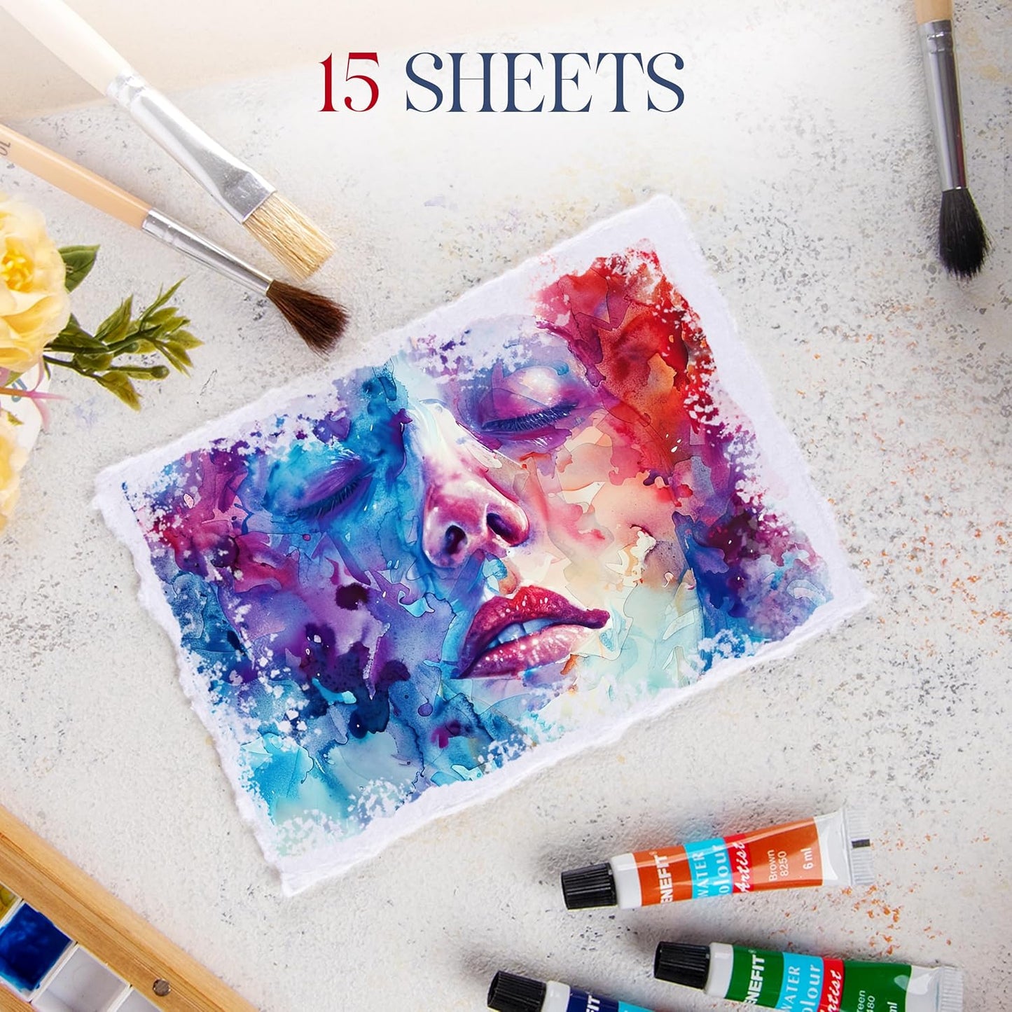 Wanderings Thick Handmade Watercolor Paper with Deckled Edge - A6, 4x6-500GSM Premium White Cold-Pressed Textured Mixed Media Paper Made with Recycled Cotton - 15 Loose Leaf Sheets
