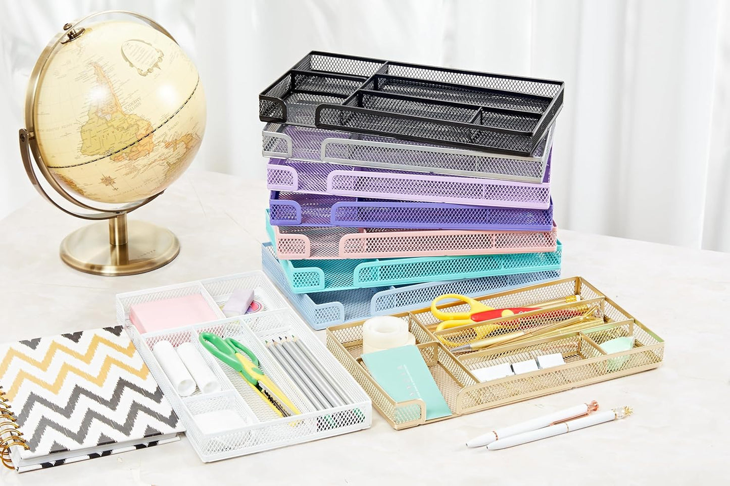 Annova Desk Drawer Organizer Tray for Office Organization - Metal Mesh - Storage Tray with Dividers for Pens, Desktop Accessories, Bathroom, Kitchen, Makeup and Office Supplies (Small, Silver)