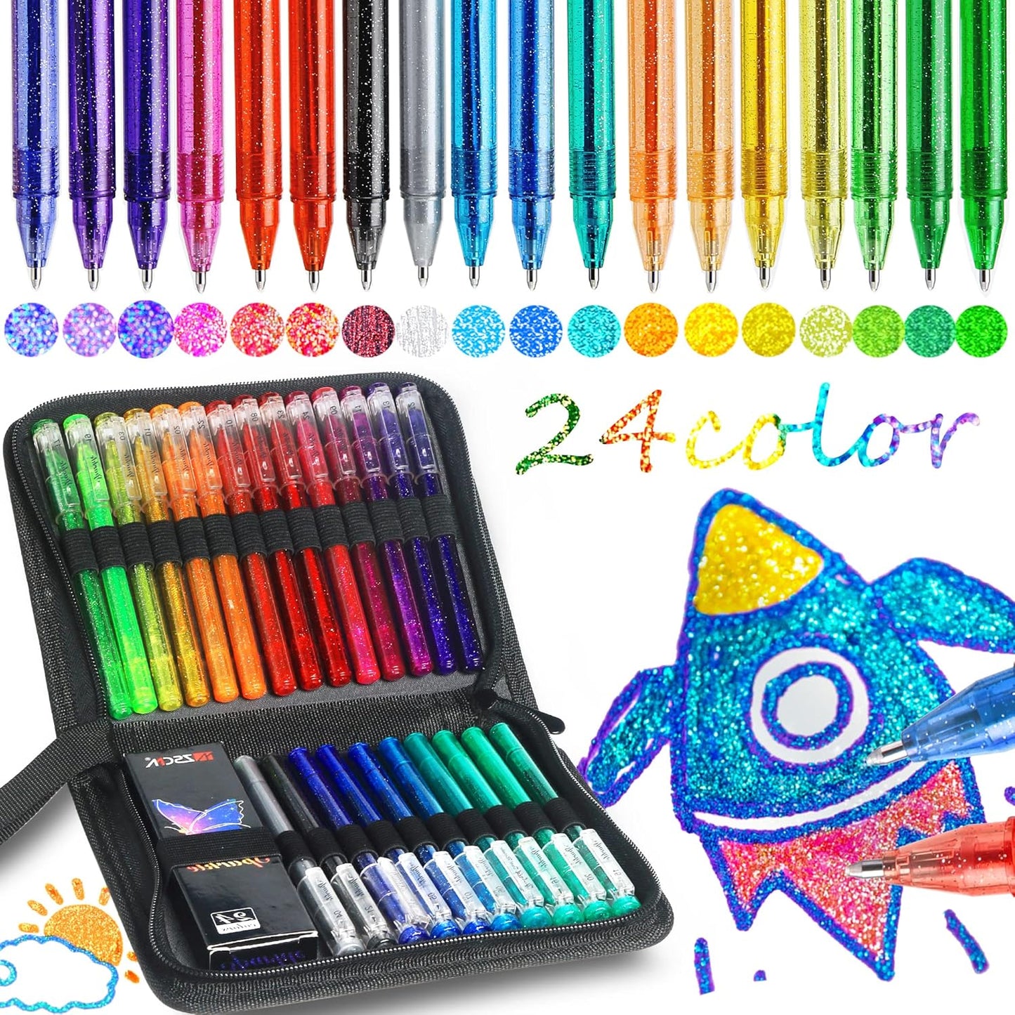 ZSCM 48 Pack Metallic Glitter Gel Pens Set, 24 Colors Sparkle Gel Pens with 24 Glitter Pen Refills in Canvas Bag for Adult Coloring Book Drawing Crafts Scrapbooks Journaling