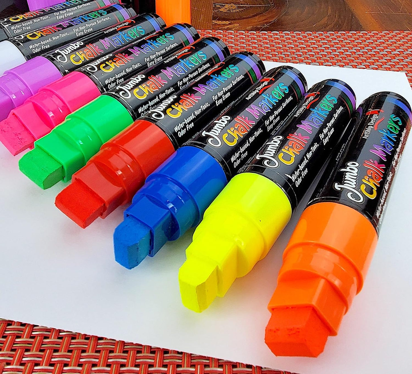 ArtShip Design 9 Jumbo Chalk Markers 15mm 3-in-1 Square Tip Liquid Chalk Pens Wet Erasable - Windows, Menu Boards, Glass, White Boards, Classrooms, Mirrors, Non-Porous Chalk Boards, Plastic, Metal