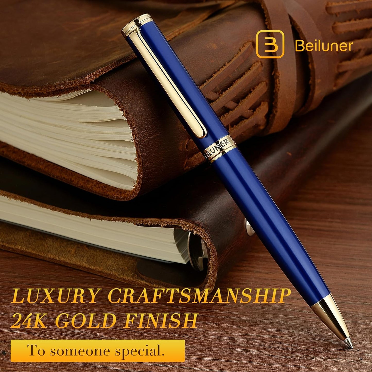 BEILUNER Blue Lacquer Gel Pen - Stunning Luxury Pen with 24K Gold Finish, ADMOK Black Refill, Executive Gift Set for Family & Friends, Writing, Fancy, Office, Retractable Pens