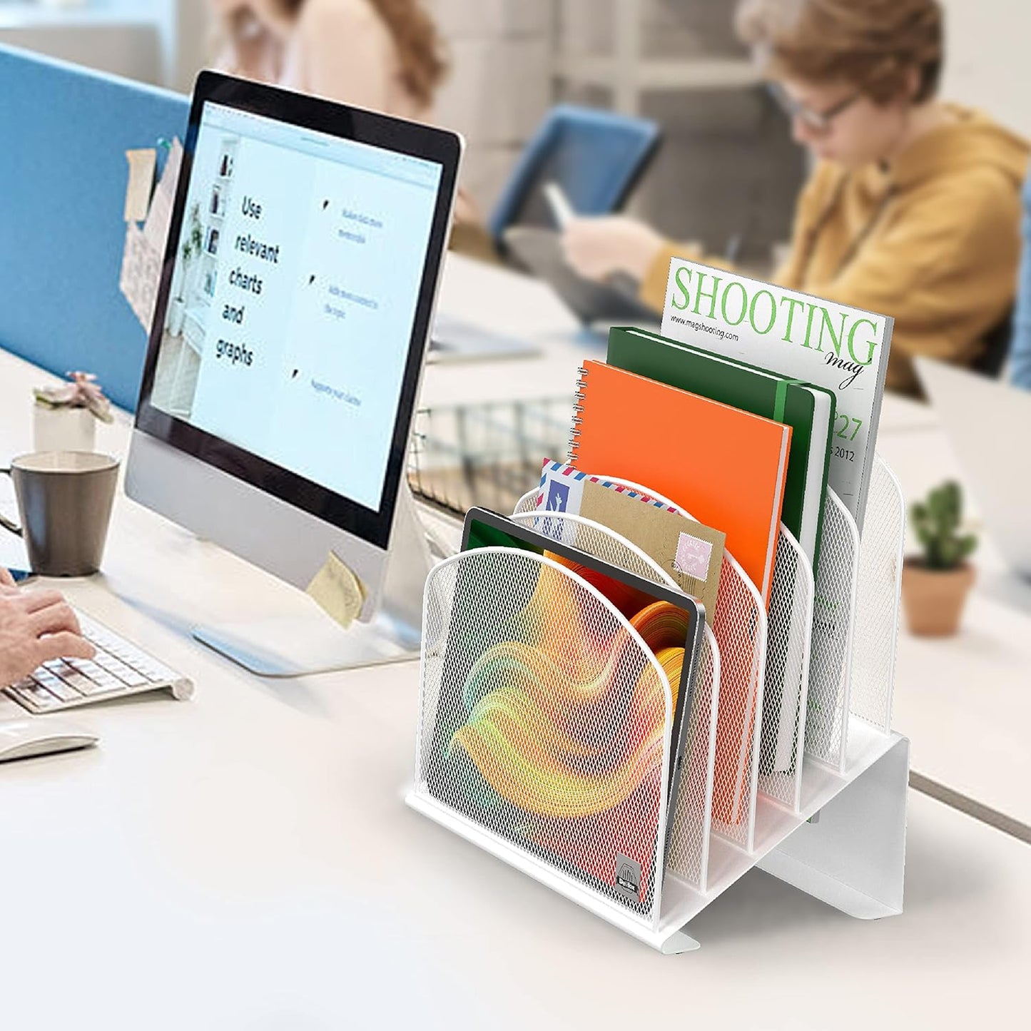 Inclined Desk File Organizer, 5-Section Vertical File Folder Holder Stand Metal Rack File Sorter for Office Classroom Desktop Organization (White, 1Pack)