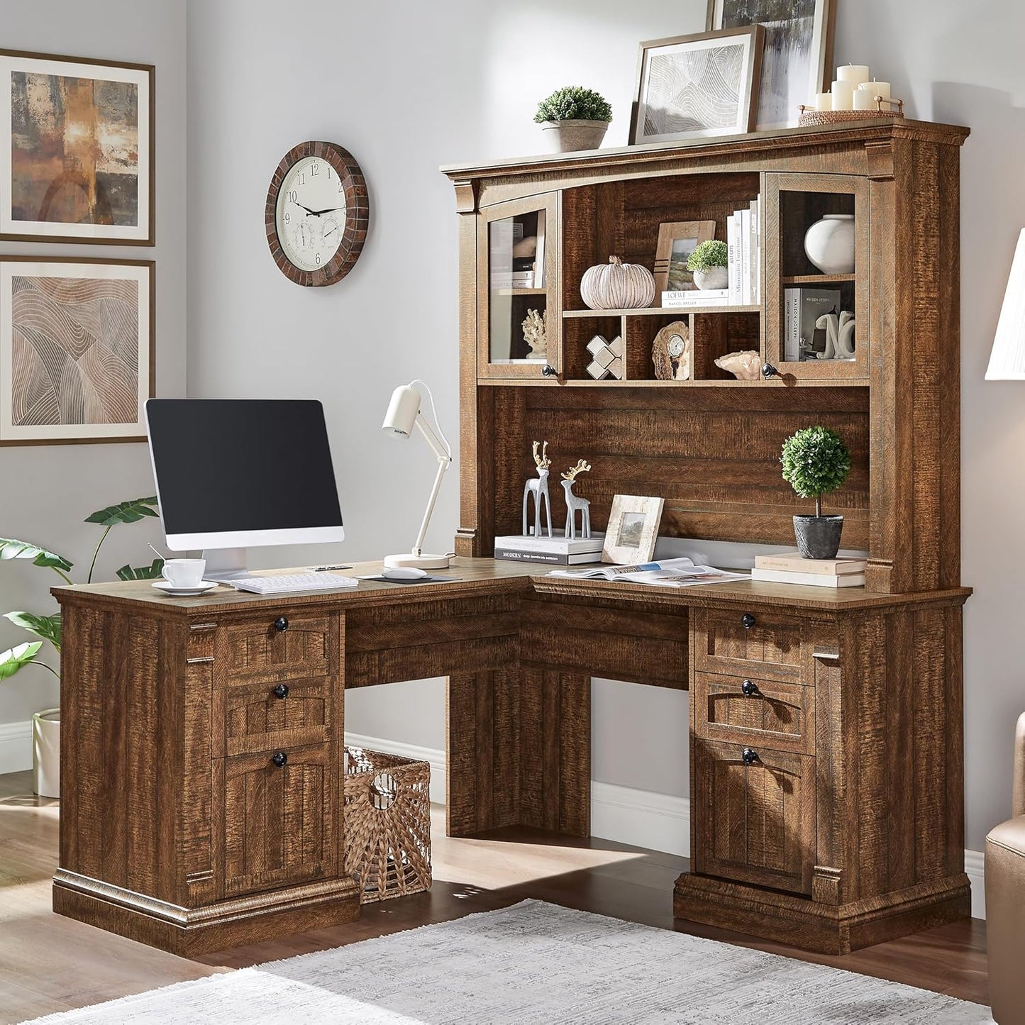 OKD 60" L Shaped Executive Desk with Hutch and Drawers, Farmhouse Home Office Desk with Charging Station, File Cabinet Storage, Wood Corner Computer Desk for Work and Study, Reclaimed Barnwood
