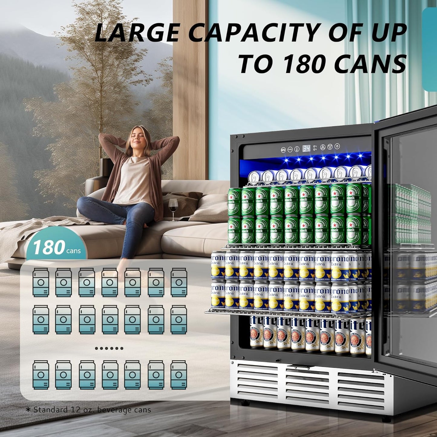 EUHOMY 24 Inch Beverage Refrigerator, 180 Can Built-in Beverage Cooler, Under Counter Beer Fridge with Glass Door for Soda, Water, Wine - For Kitchen, Bar or Office