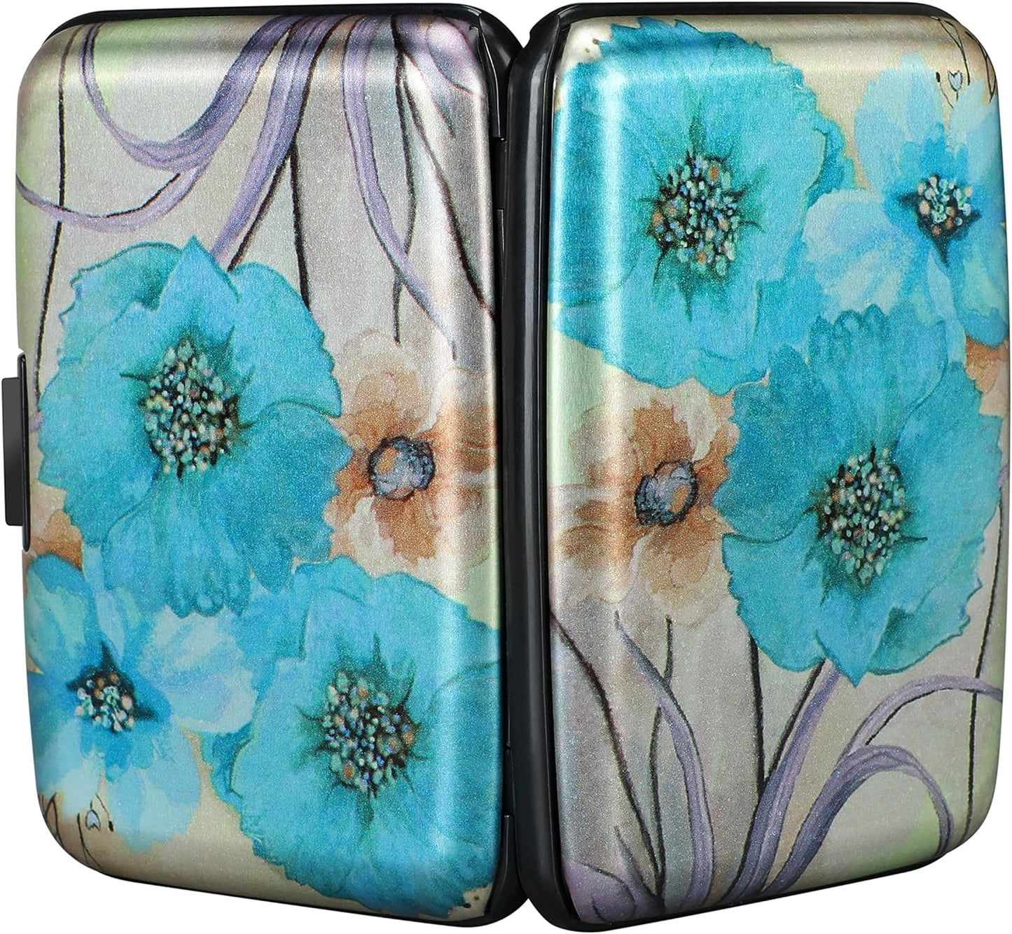 ELFISH Mini RFID Aluminum Wallet Credit Cards Holder Business Card Case Metal ID Case for Men Women(Blue Flower)