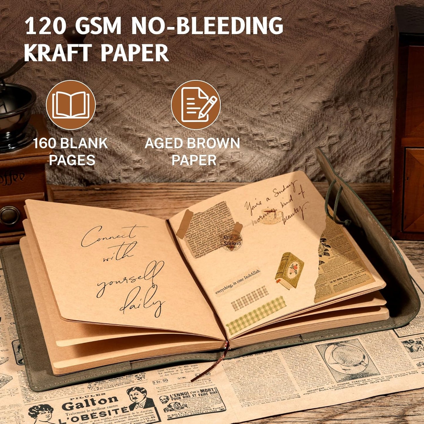 Vintage Leather Journal for Women Men, Junk Journal Notebook Soft Cover, Book of Shadows Journals for Travel Diary Scrapbook Sketchbook Journaling Writing, Green