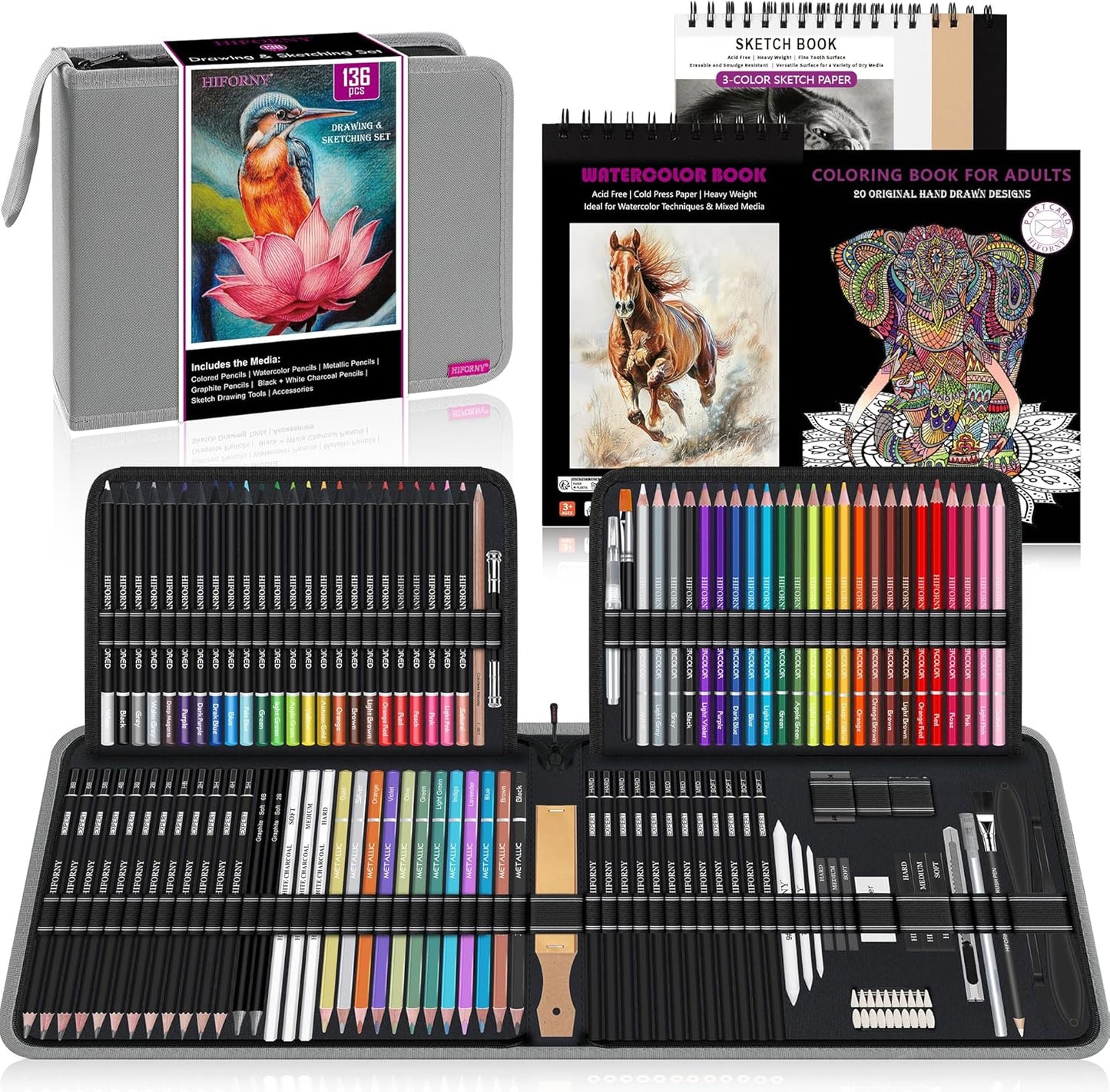 HIFORNY 136 PCS Drawing & Sketching Set,Pro Art Supplies with Graphite,Charcoal,Colored,Watercolor,Metallic Pencils,Blending Tools,Sketchbook,Watercolor Book and Coloring Book in Zipper Case (Grey)
