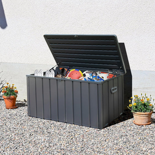 Domi Outdoor Deck Box 100 Gallon, Waterproof Lockable Steel Outdoor Storage Container for Outside Cushions, Garden Tools and Pools Equipment (Gray)