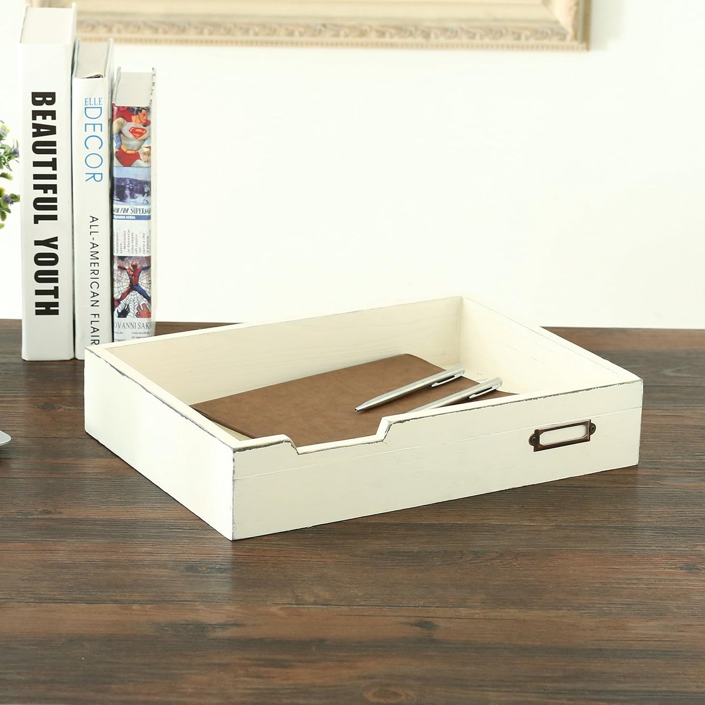 MyGift Rustic Wood Desktop Drawer-Style Stackable Document Letter Tray Organizer Storage Box with Handles for Home Office Supplies (Vintage White)