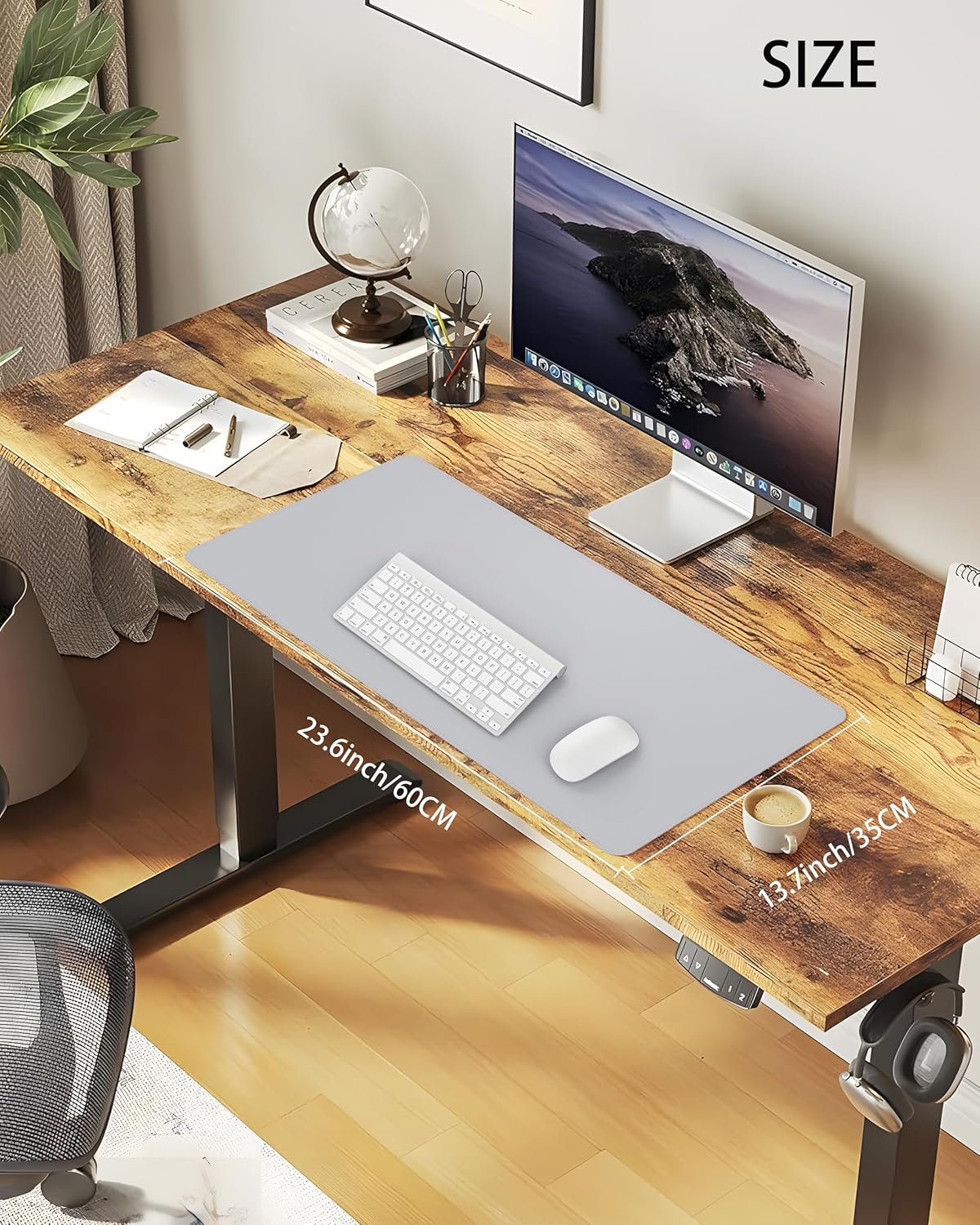Desk Pad Mat 23.6"x13.7" - Waterproof Mouse Pad & Desk Protector, Non-Slip PU Leather for Gaming Keyboard/Mouse, Stitched Edge XL Office Desk Pad with Ergonomic Support(Light Grey)